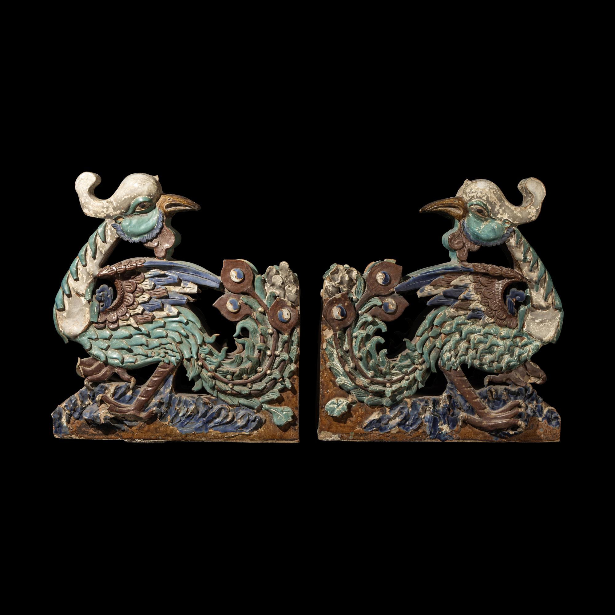 A Pair of Large Chinese Glazed Stoneware Architectural Tilework Phoenixes, Late 18th/19th Century 清中期 琉璃鳳凰大鴟吻一對