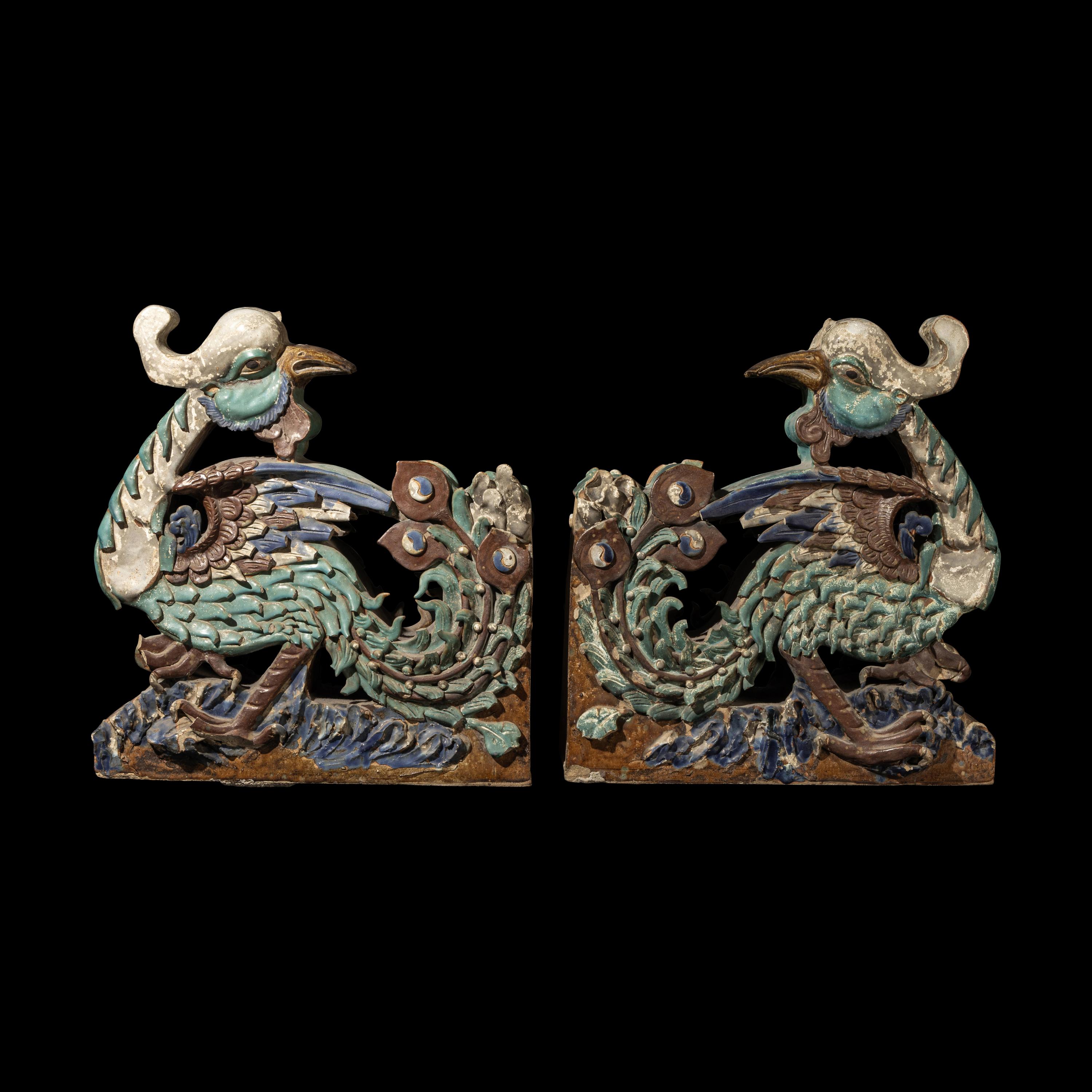 A Pair of Large Chinese Glazed Stoneware Architectural Tilework Phoenixes, Late 18th/19th Century 清中期 琉璃鳳凰大鴟吻一對