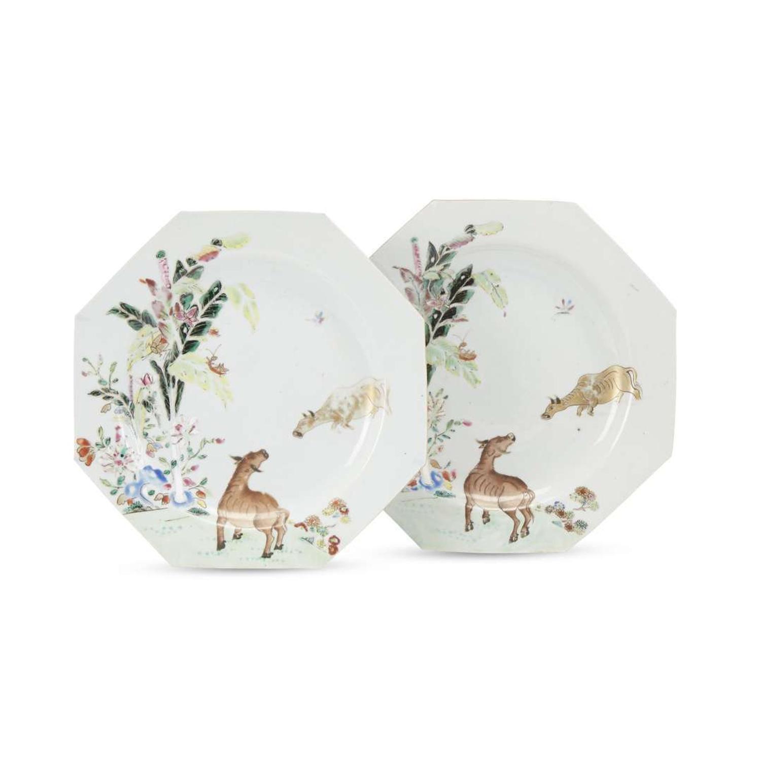 Two Chinese Export porcelain famille rose octagonal plates 18th century