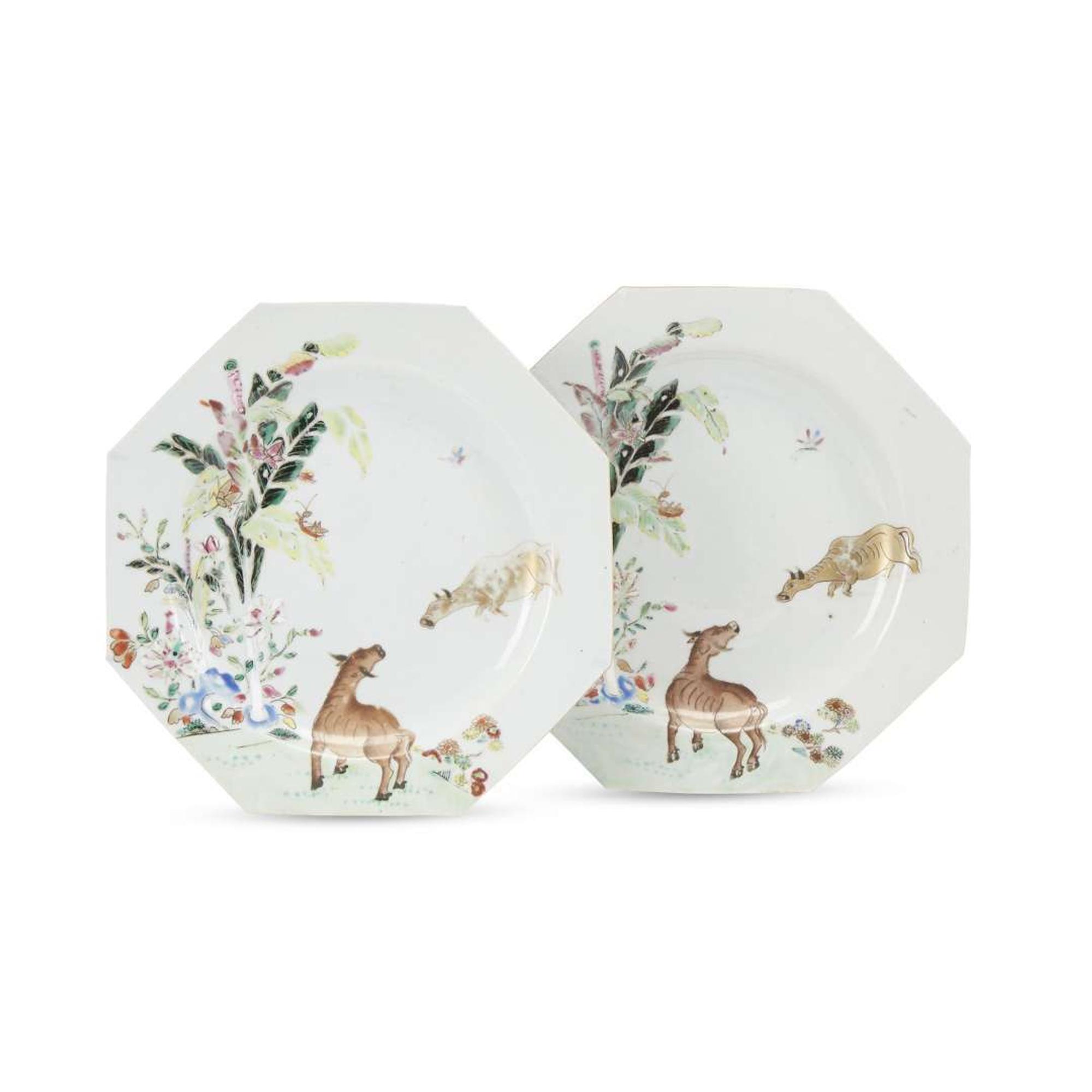 Two Chinese Export porcelain famille rose octagonal plates 18th century