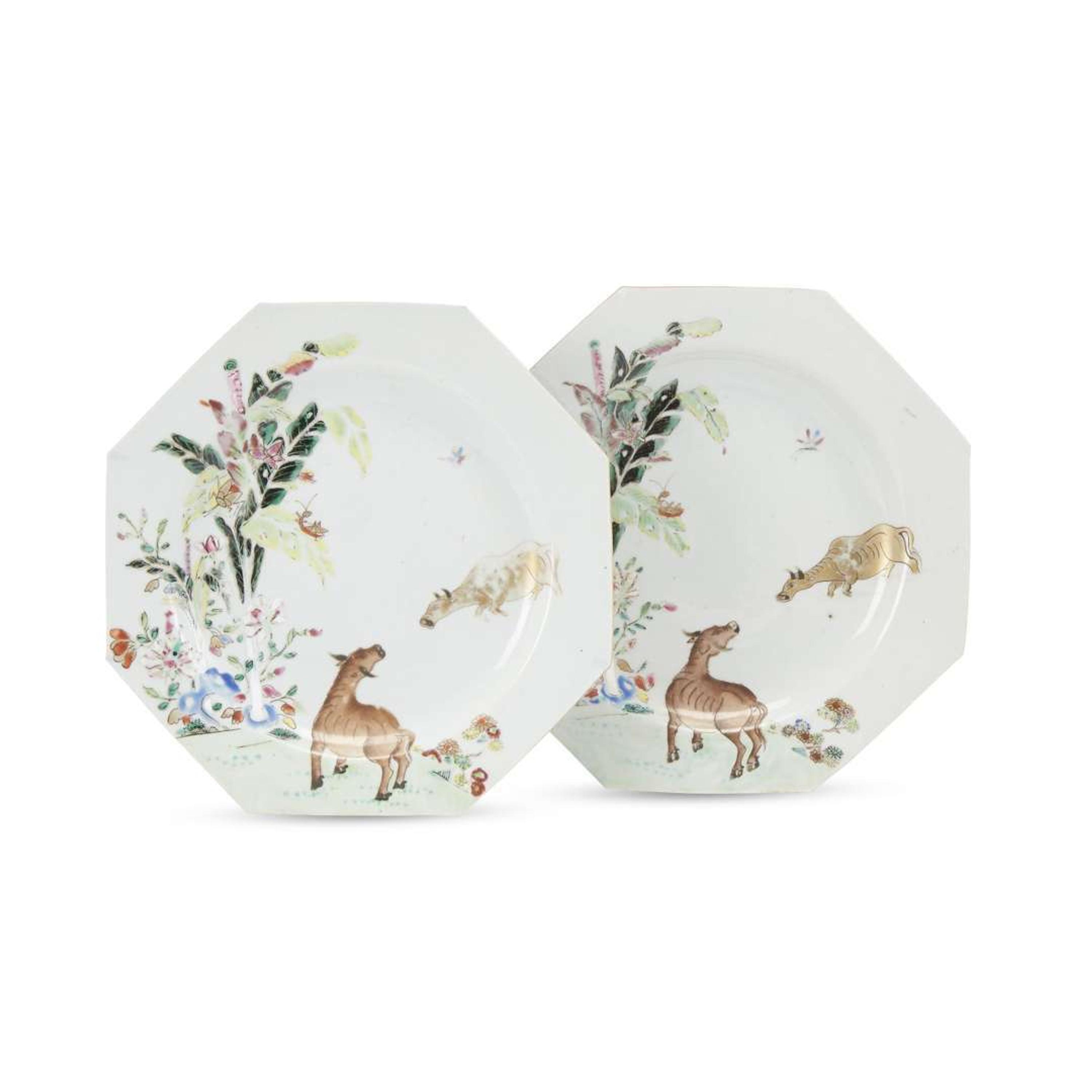 Two Chinese Export porcelain famille rose octagonal plates 18th century