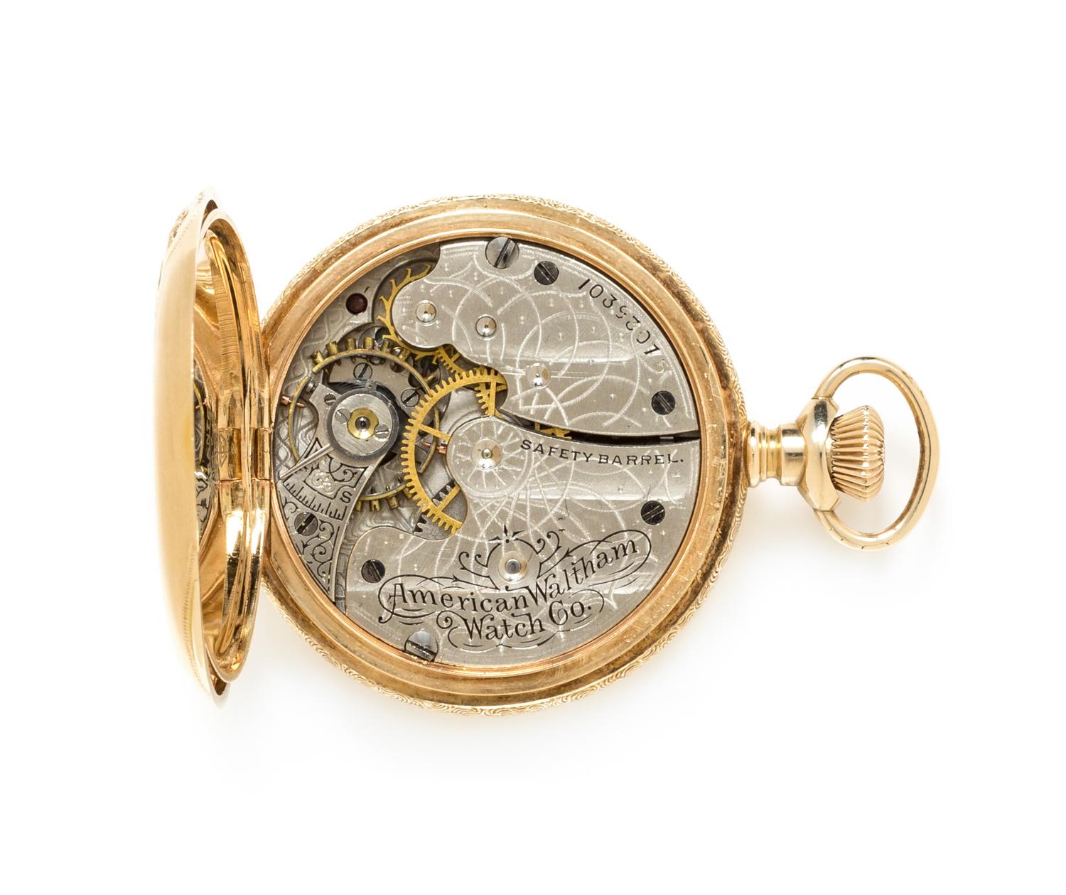 A 14 Karat Yellow Gold Hunter Case Pocket Watch, Waltham, Circa 1901, 21.30 dwts.