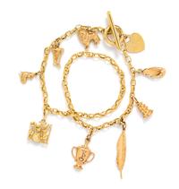 A 14 Karat Yellow Gold Charm Necklace with Nine Attached Charms, 22.00 dwts.