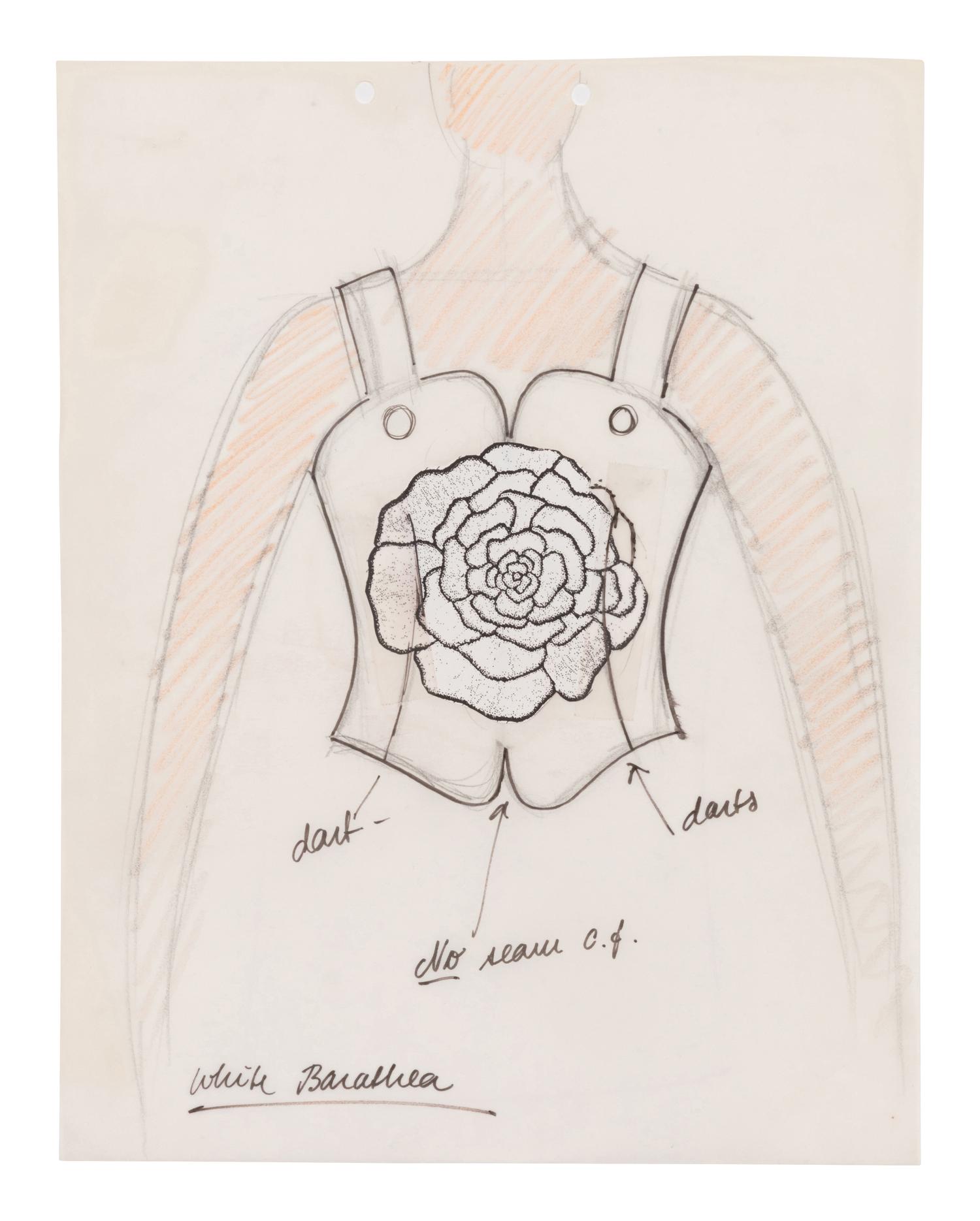 Geoffrey Beene Preparatory Drawing and Fabric Swatch, c.1988