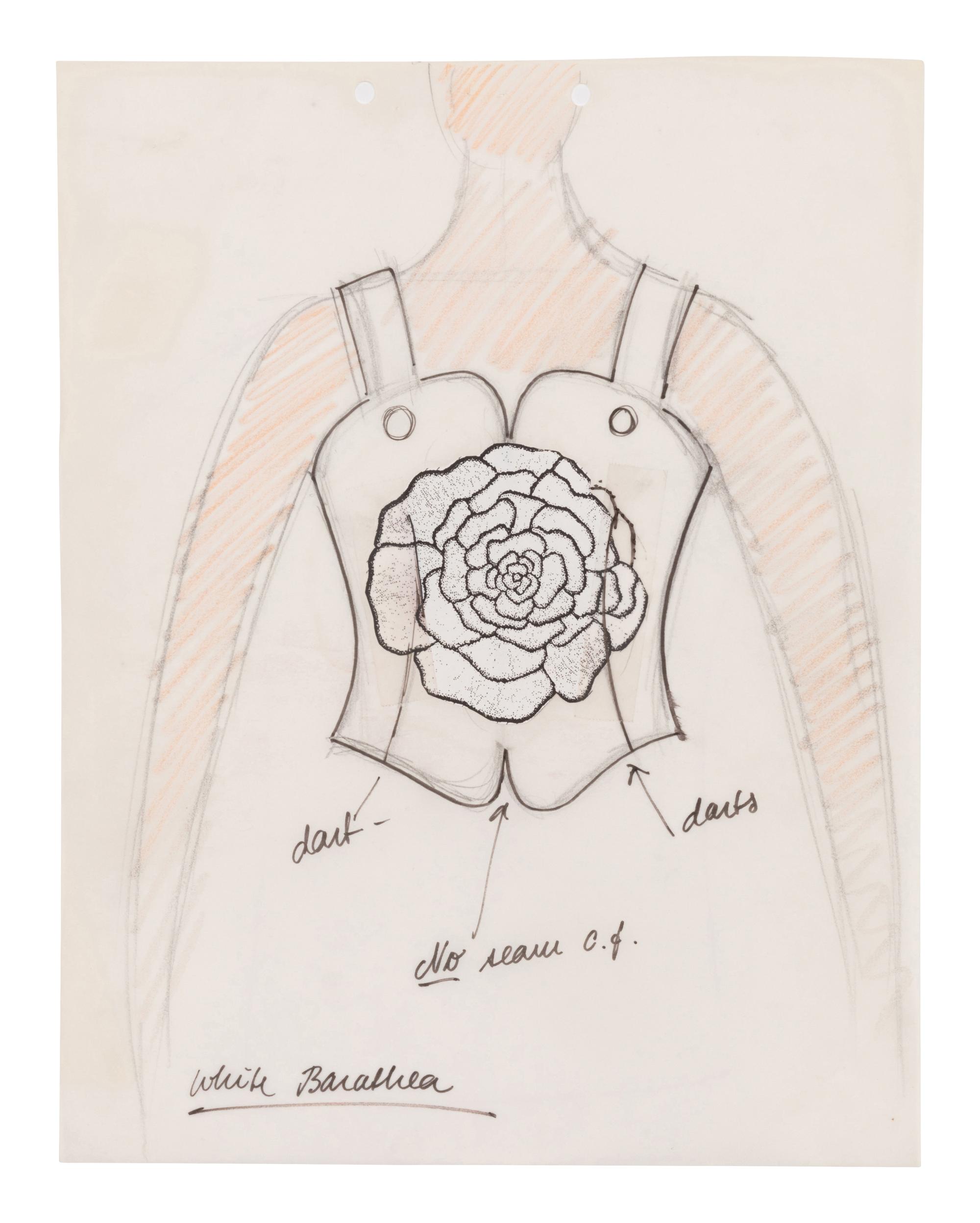 Geoffrey Beene Preparatory Drawing and Fabric Swatch, c.1988