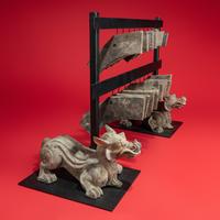 A Rare Chinese Painted Earthenware Chimera and Chimes Set, Qing and Bixie, Western Han Dynasty — 西漢 灰陶編磬一組連辟邪座