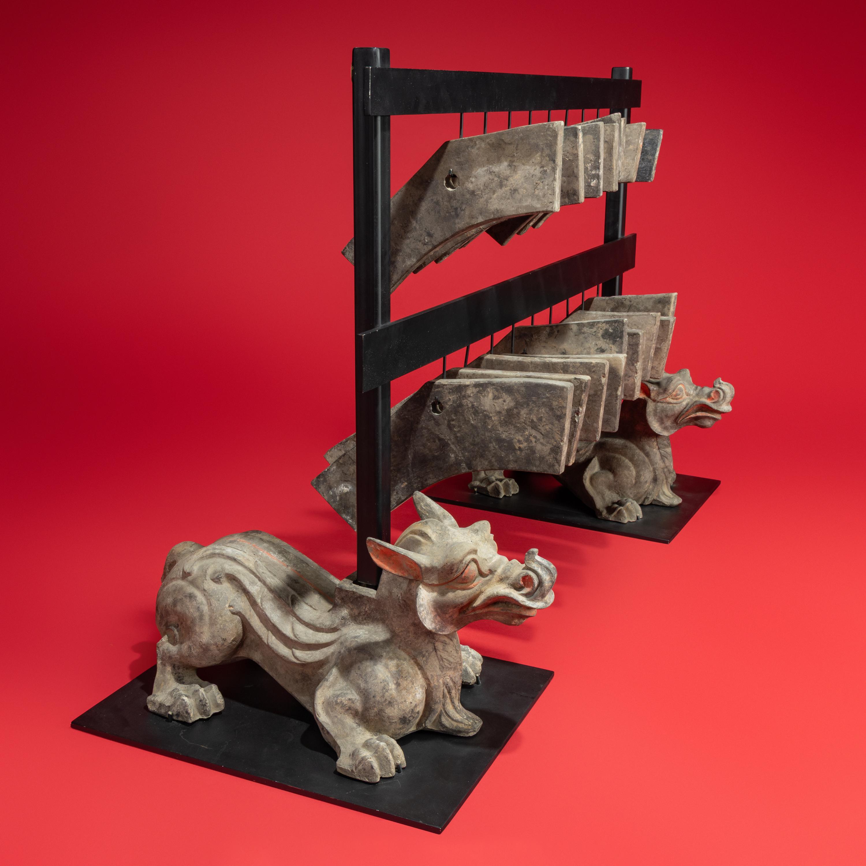 A Rare Chinese Painted Earthenware Chimera and Chimes Set, Qing and Bixie, Western Han Dynasty — 西漢 灰陶編磬一組連辟邪座