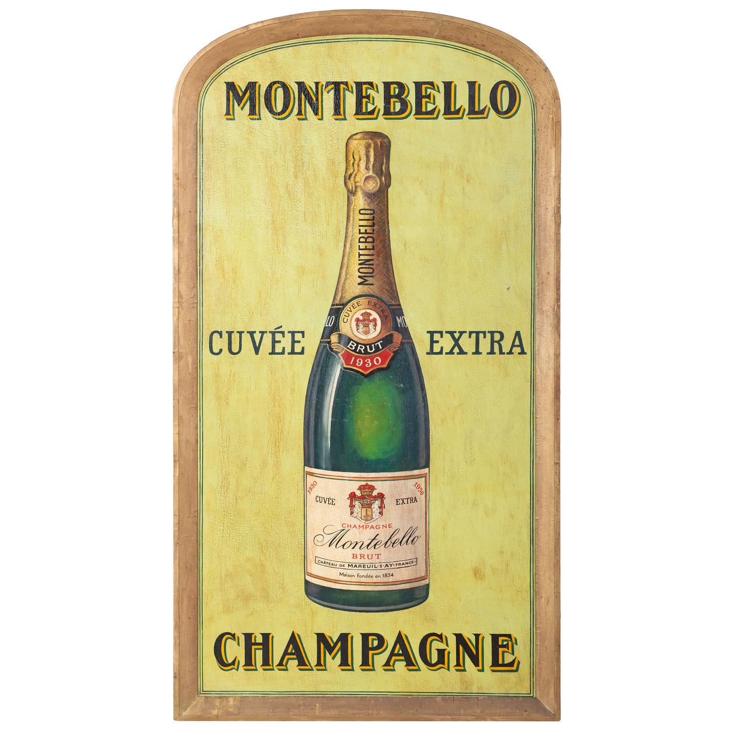 A Champagne Montebello Painted Wood Tablet-Form Advertising Sign