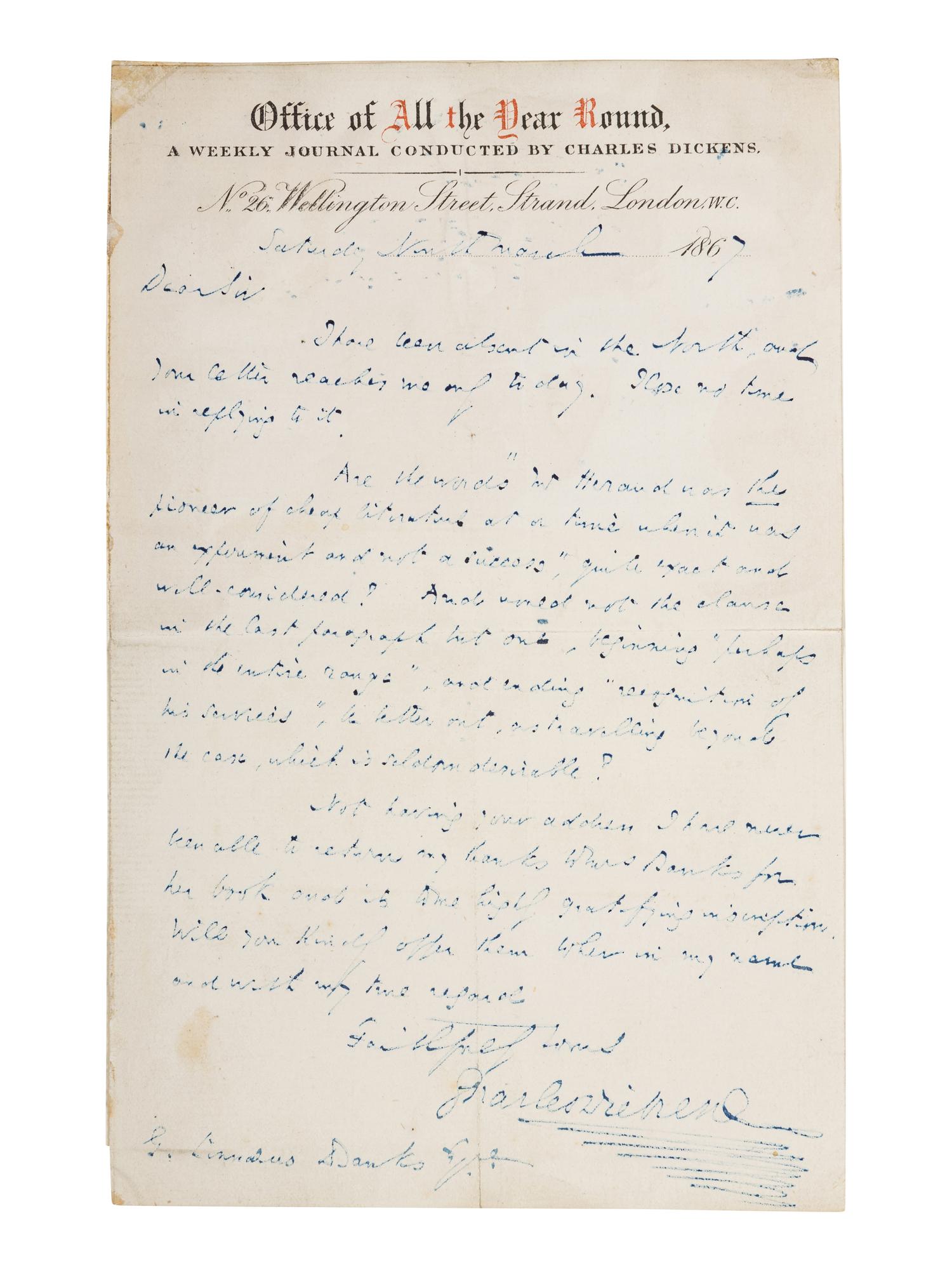 DICKENS, Charles (1812-1870). Autograph letter signed (“Charles Dickens”), to G. Linnaeus Banks, 9 March 1867.