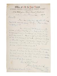 DICKENS, Charles (1812-1870). Autograph letter signed (“Charles Dickens”), to G. Linnaeus Banks, 9 March 1867.