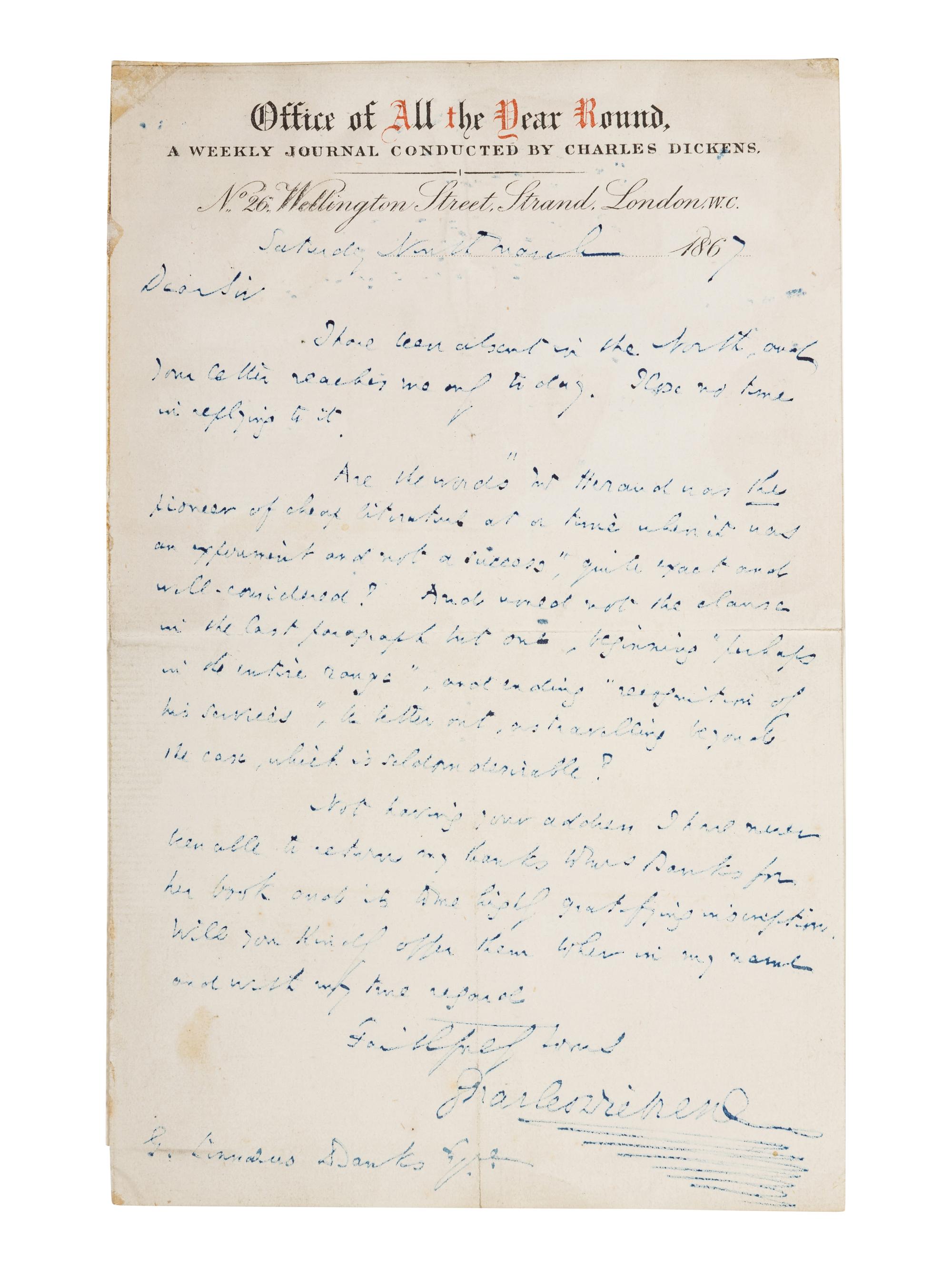 DICKENS, Charles (1812-1870). Autograph letter signed (“Charles Dickens”), to G. Linnaeus Banks, 9 March 1867.