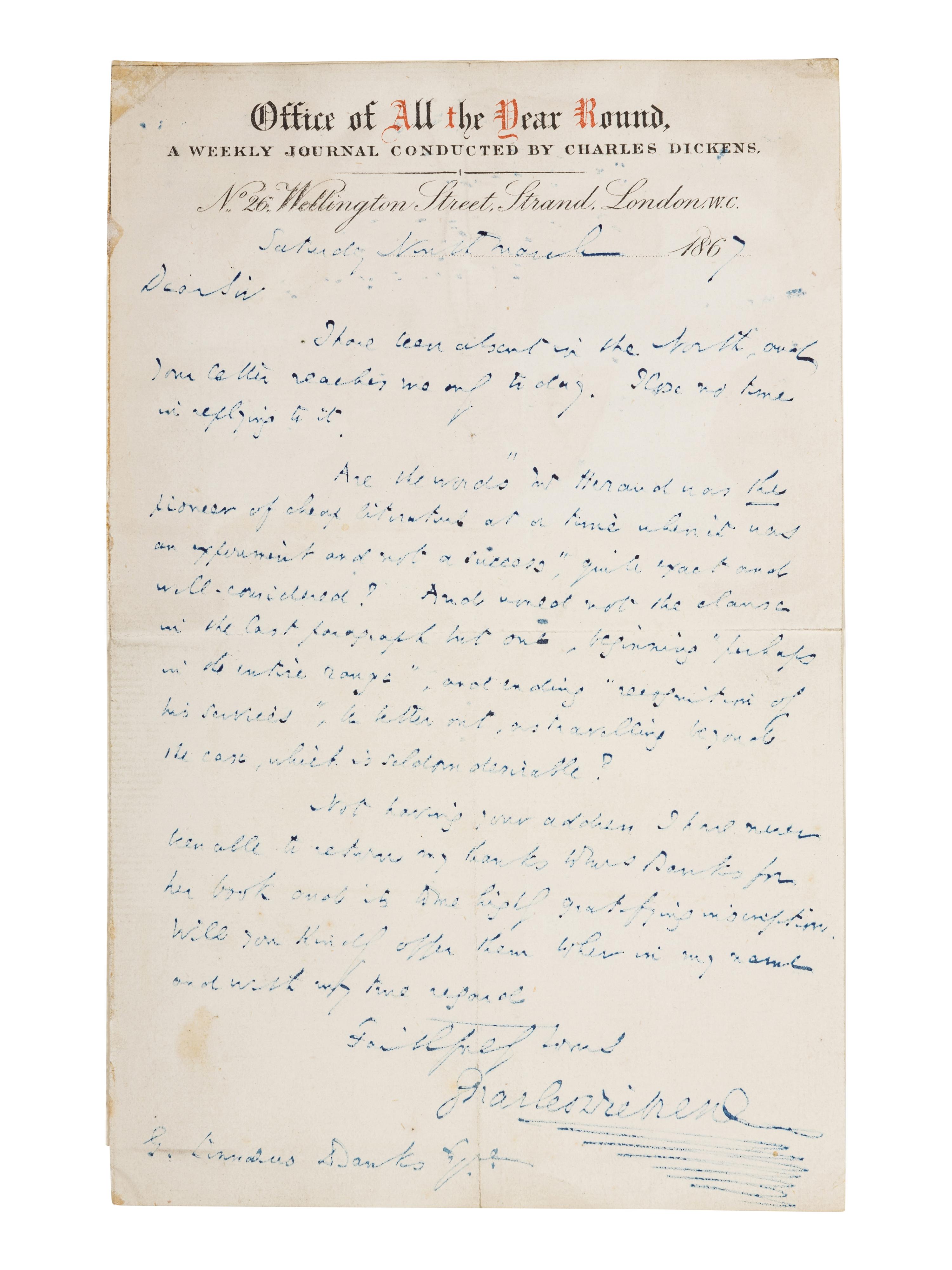 DICKENS, Charles (1812-1870). Autograph letter signed (“Charles Dickens”), to G. Linnaeus Banks, 9 March 1867.