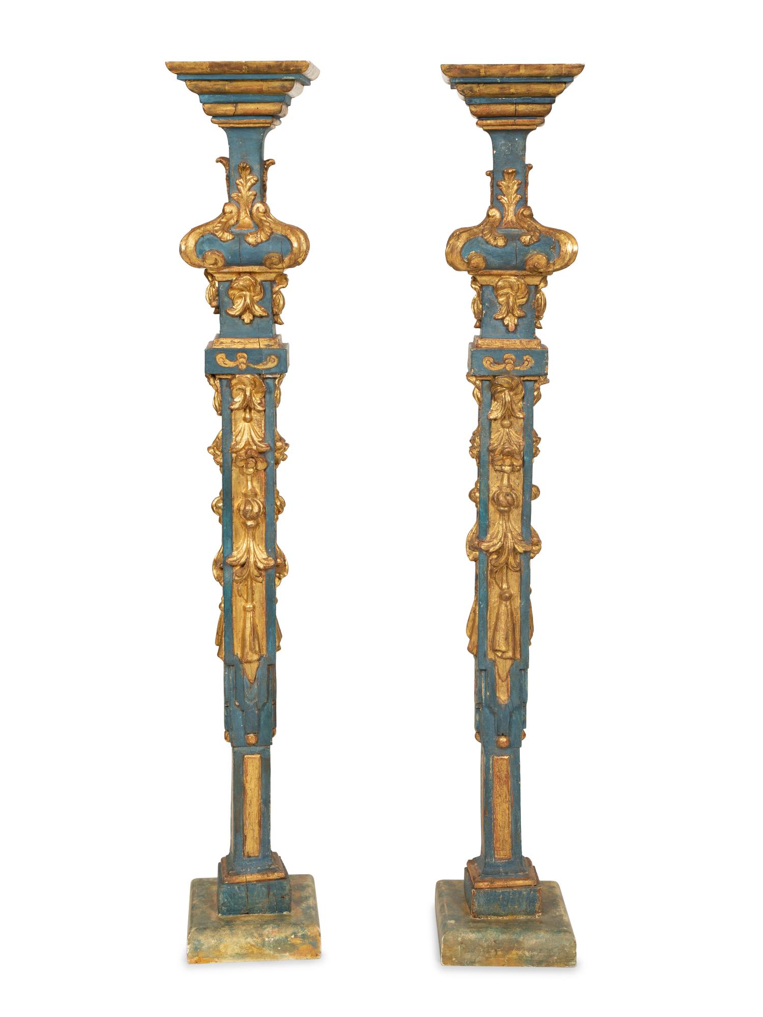 A Pair of Italian Baroque Blue-Painted and Parcel-Gilt Pedestals