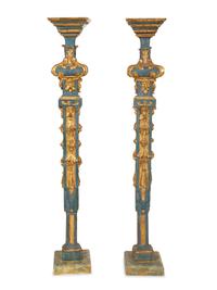 A Pair of Italian Baroque Blue-Painted and Parcel-Gilt Pedestals
