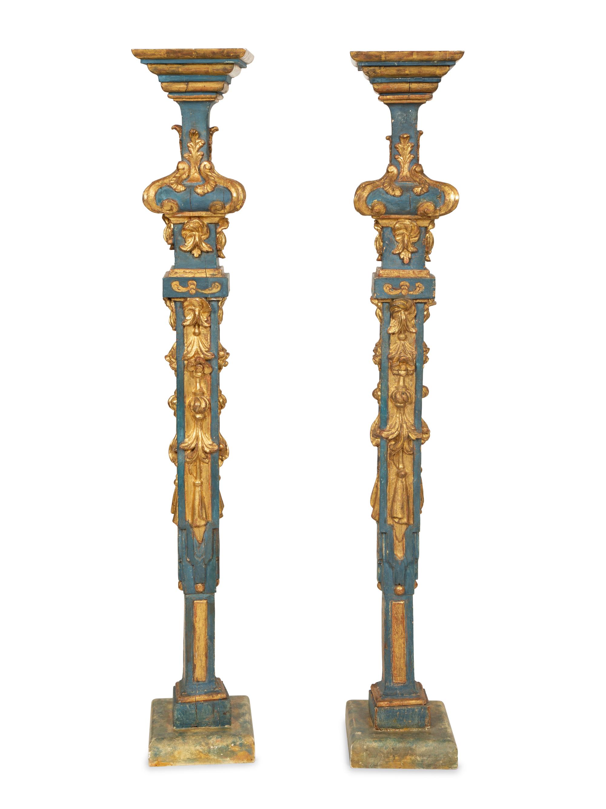 A Pair of Italian Baroque Blue-Painted and Parcel-Gilt Pedestals