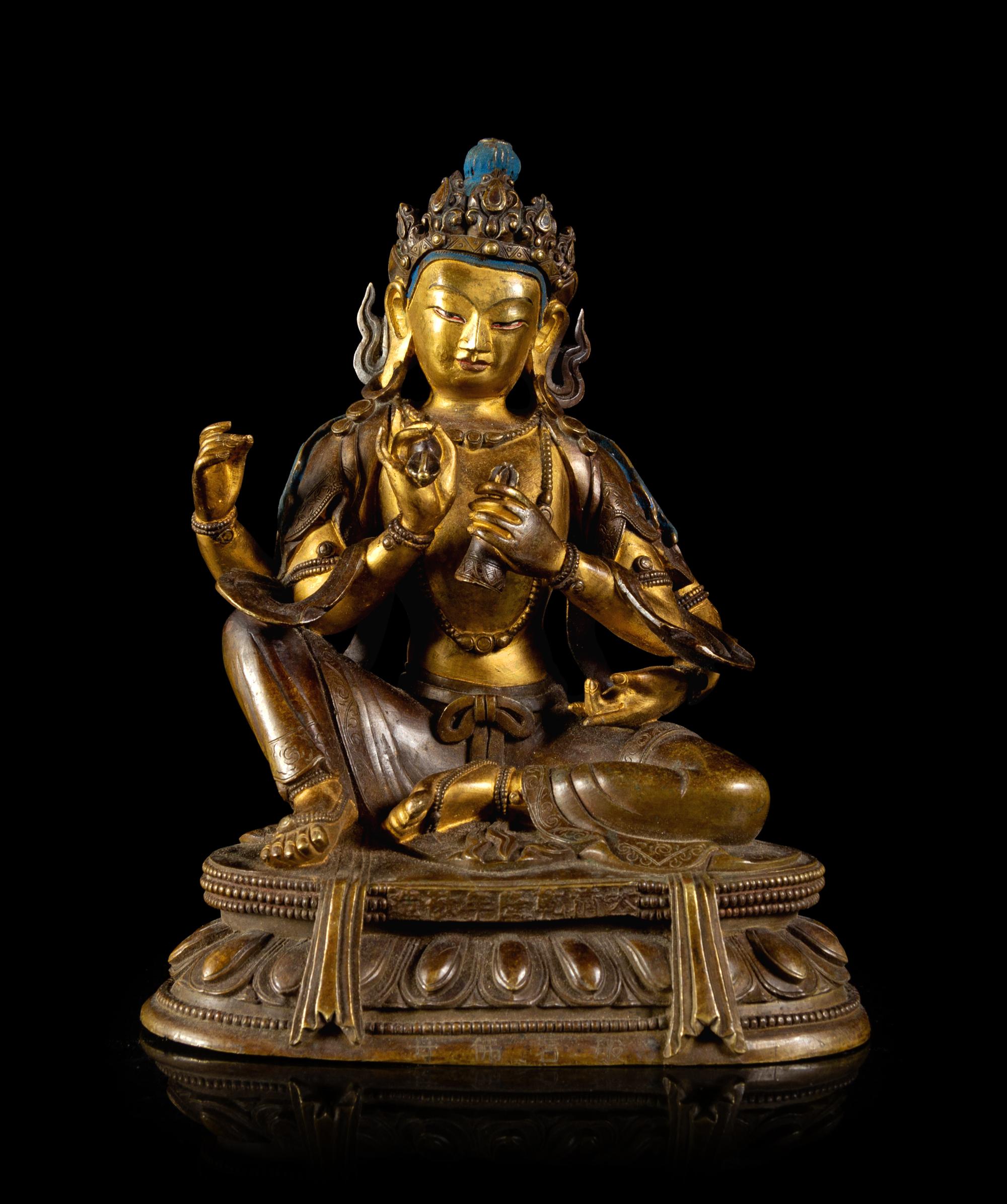 A Sino-Tibetan Gilt Bronze Figure of a Four-Armed Avalokitesvara Bodhisattva