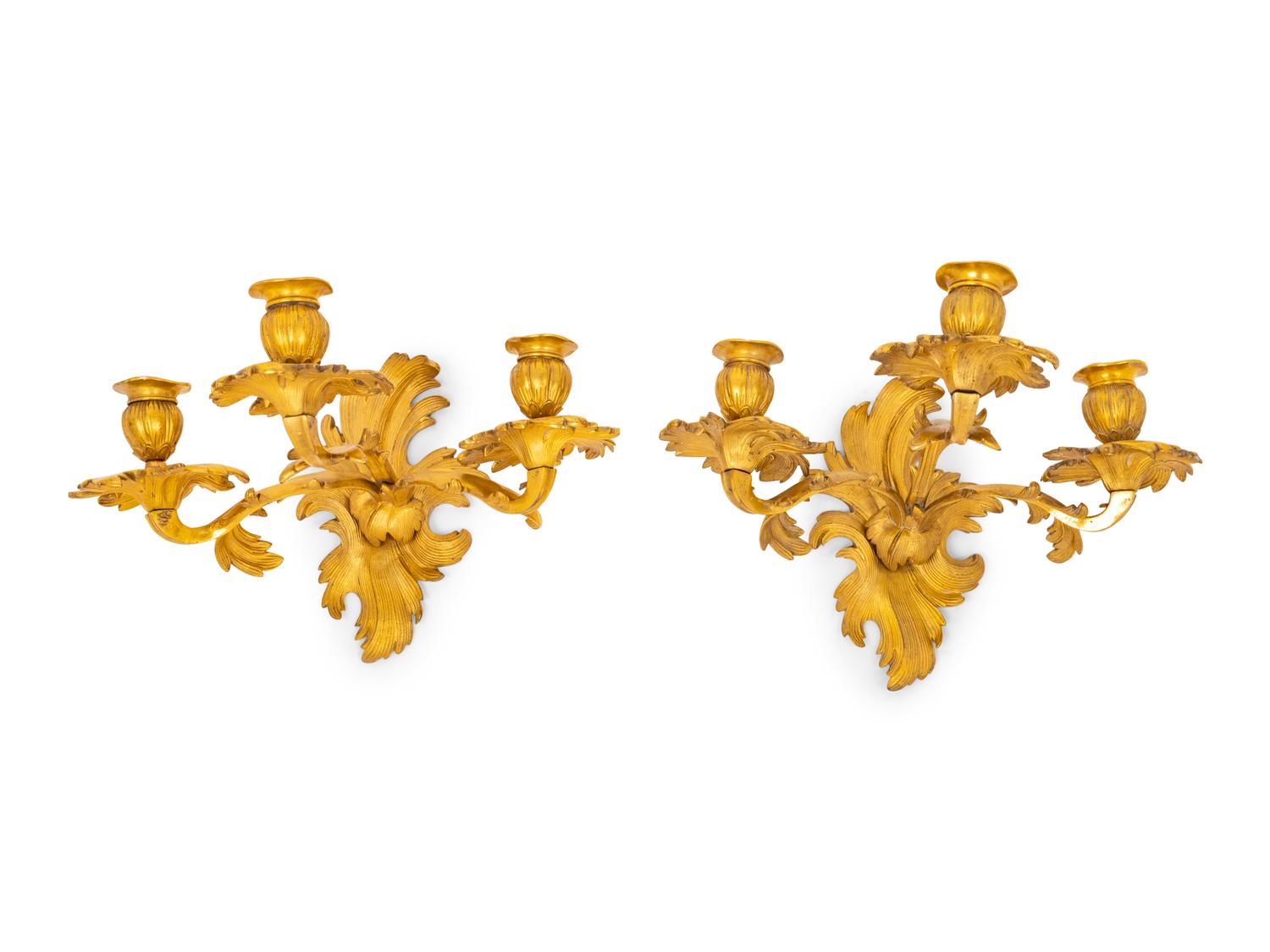 A Pair of Louis XV Style Gilt Bronze Three-Light Sconces