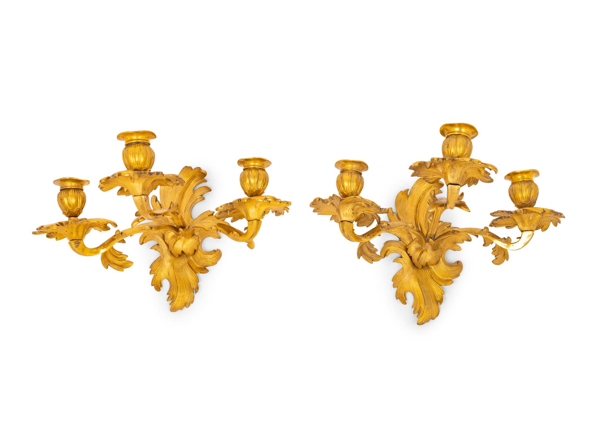 A Pair of Louis XV Style Gilt Bronze Three-Light Sconces