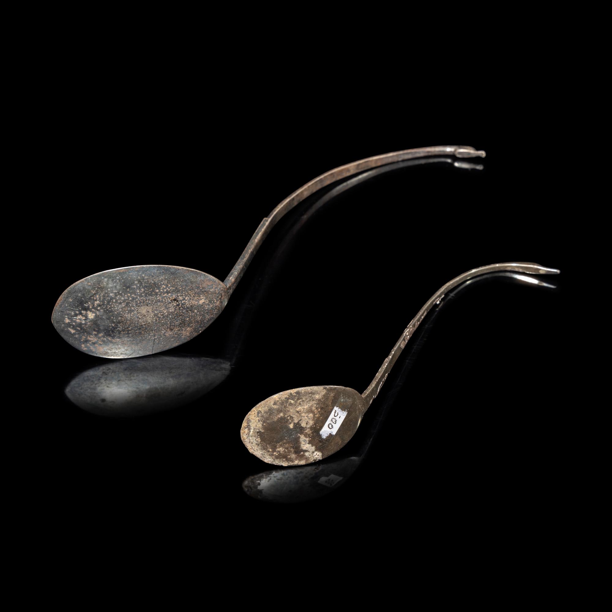 Two Chinese Silver 'Goose' Tea Spoons, Ze , Tang Dynasty 唐 雁首柄銀茶則兩件