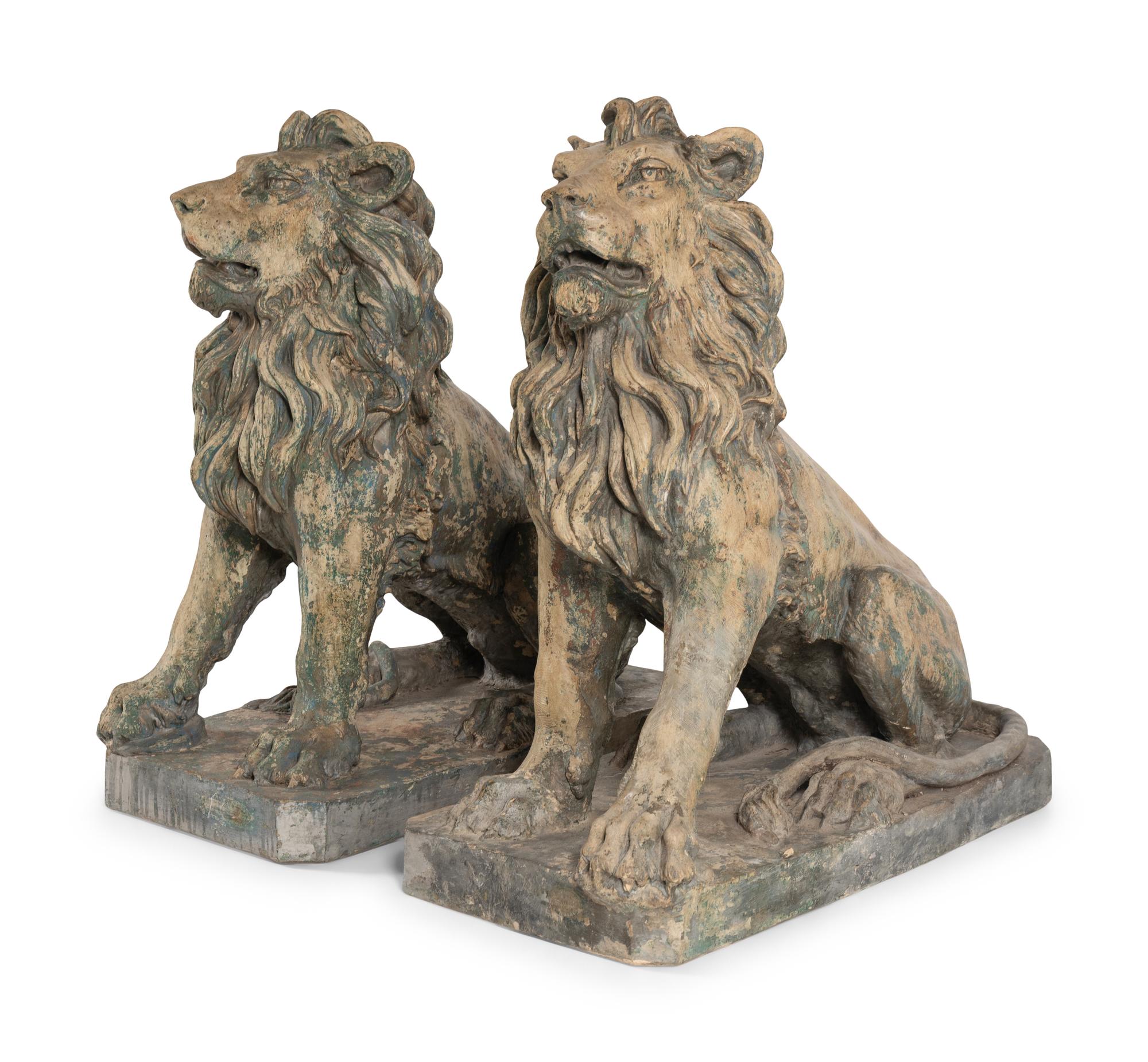 A Pair of Large Painted Composition Lions