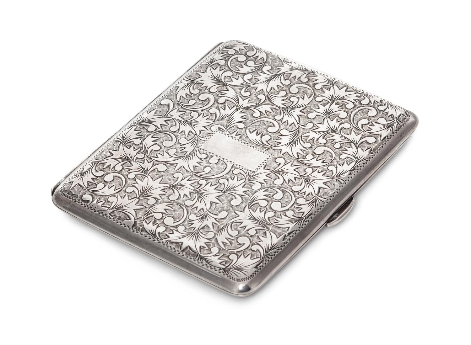 A Silver Cigarette Case, 20th Century, of rectanguar form with allover foliate decoration.