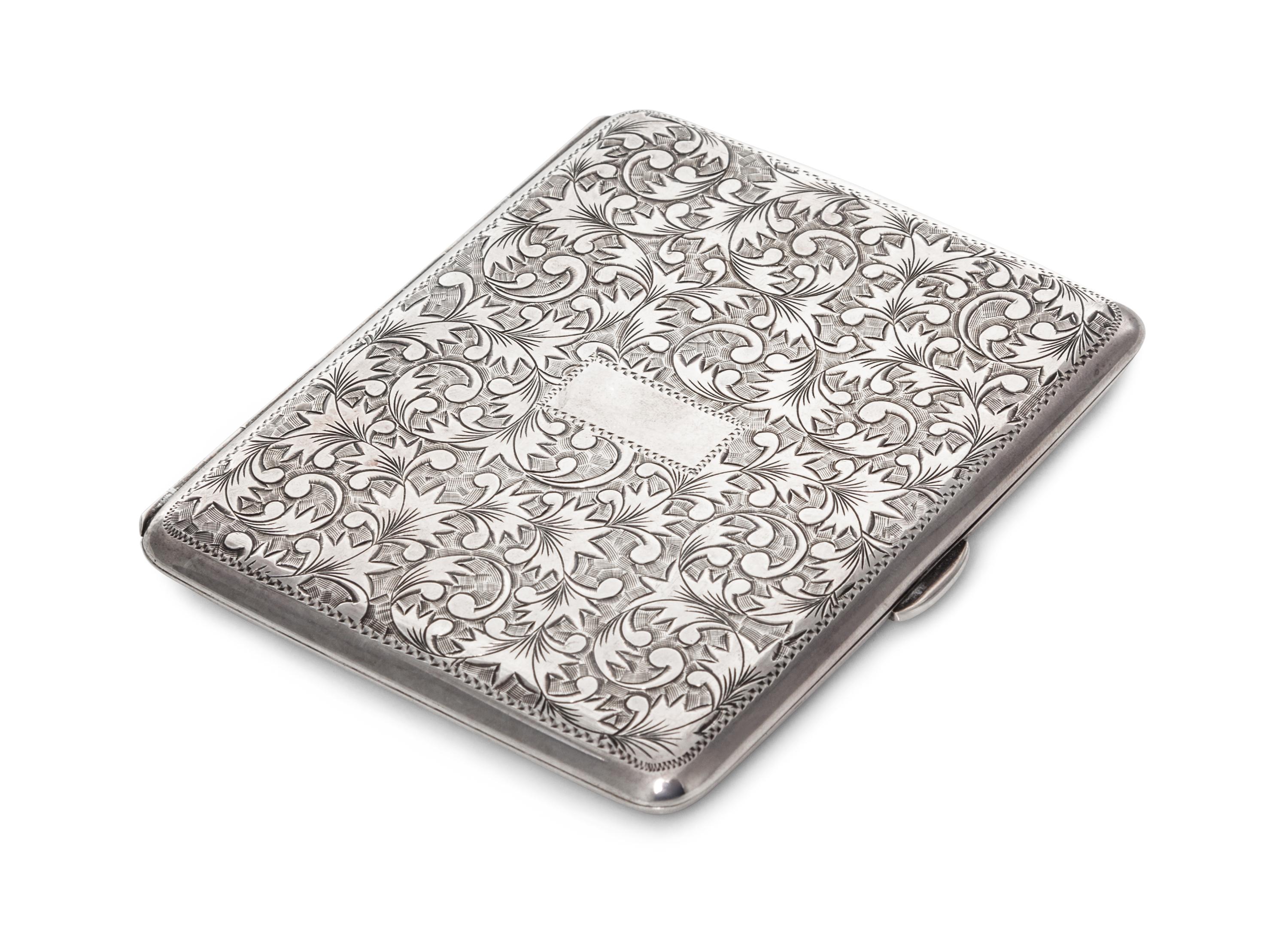 A Silver Cigarette Case, 20th Century, of rectanguar form with allover foliate decoration.