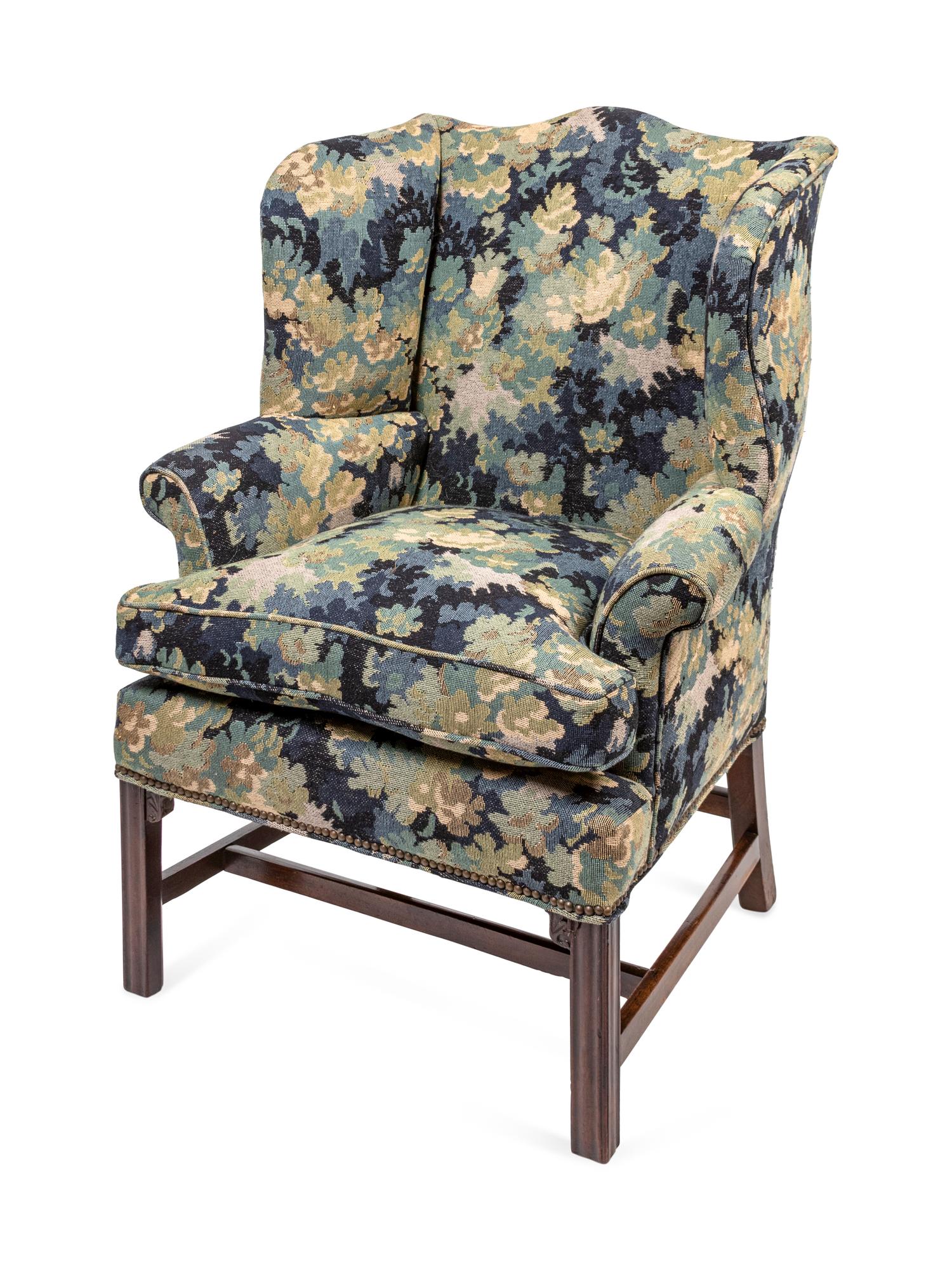 A George III Style Mahogany Tapestry-Upholstered Wing Chair