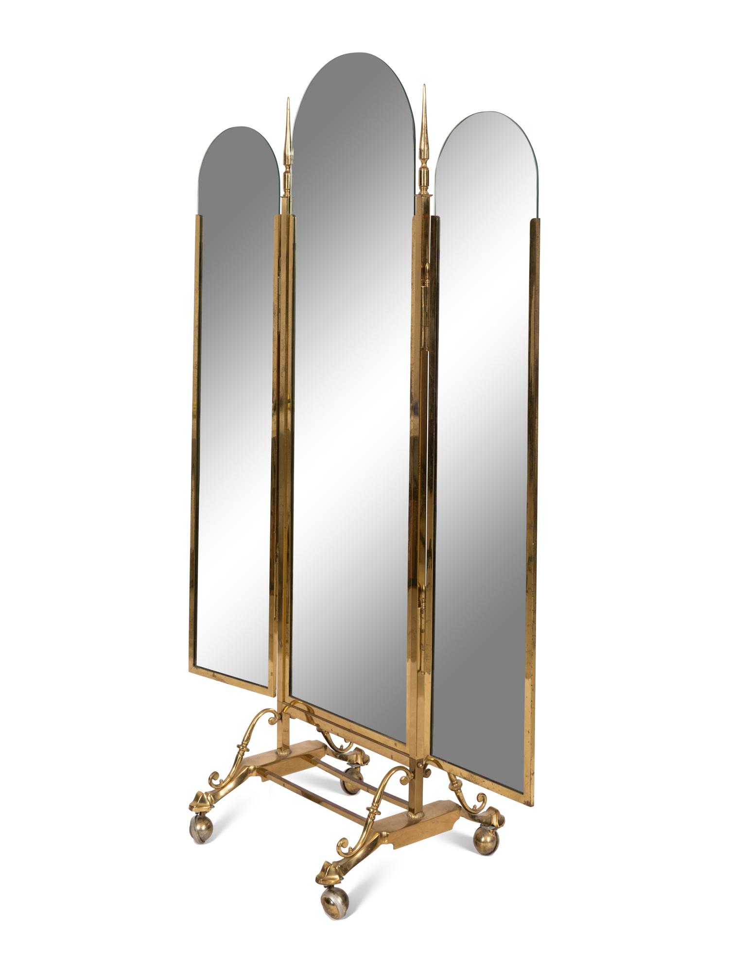 A Tri-Fold Brass Cheval Mirror