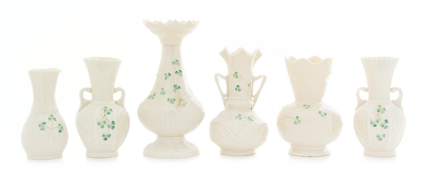 Six Belleek Shamrock Decorated Vases Height of tallest 8 1/4 inches. — SIXTH GREEN MARK THROUGH SEVENTH GOLD MARK (1965-1993)