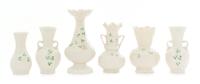 Six Belleek Shamrock Decorated Vases Height of tallest 8 1/4 inches. — SIXTH GREEN MARK THROUGH SEVENTH GOLD MARK (1965-1993)