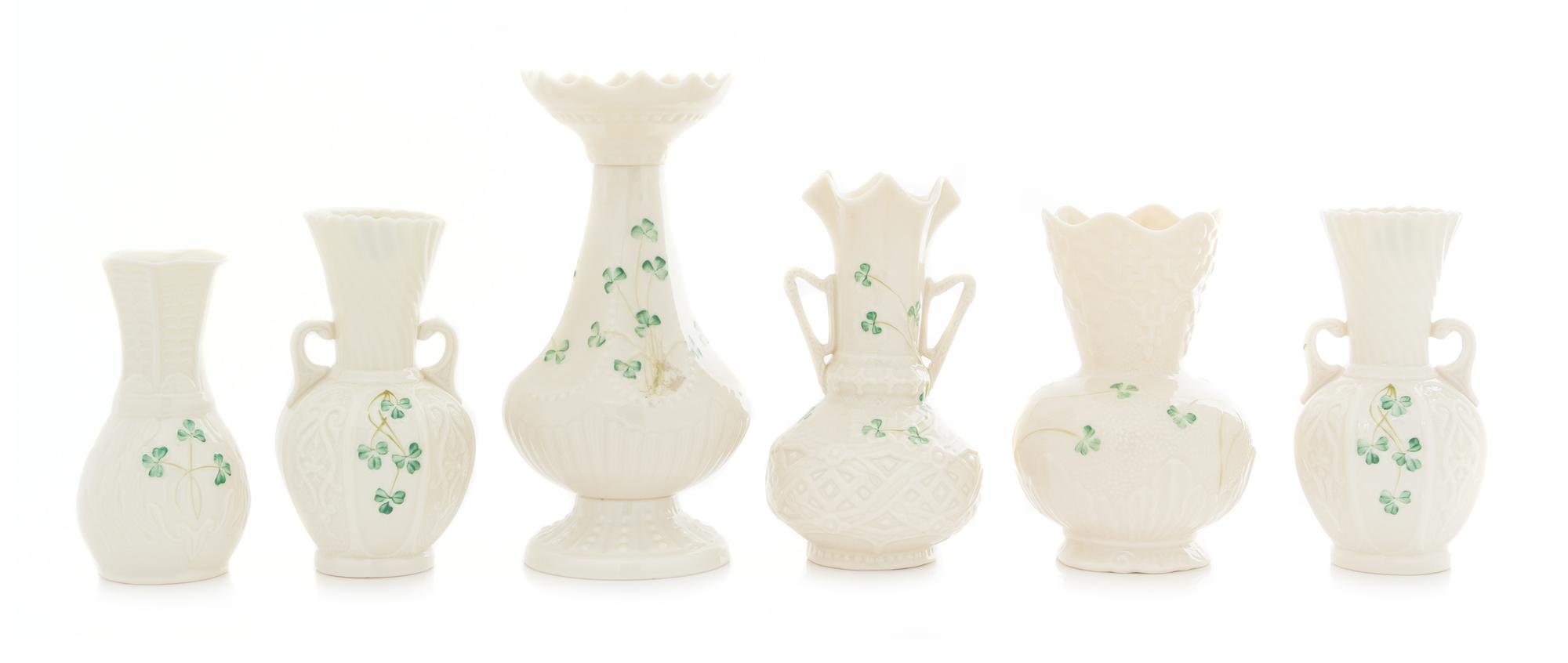 Six Belleek Shamrock Decorated Vases Height of tallest 8 1/4 inches. — SIXTH GREEN MARK THROUGH SEVENTH GOLD MARK (1965-1993)