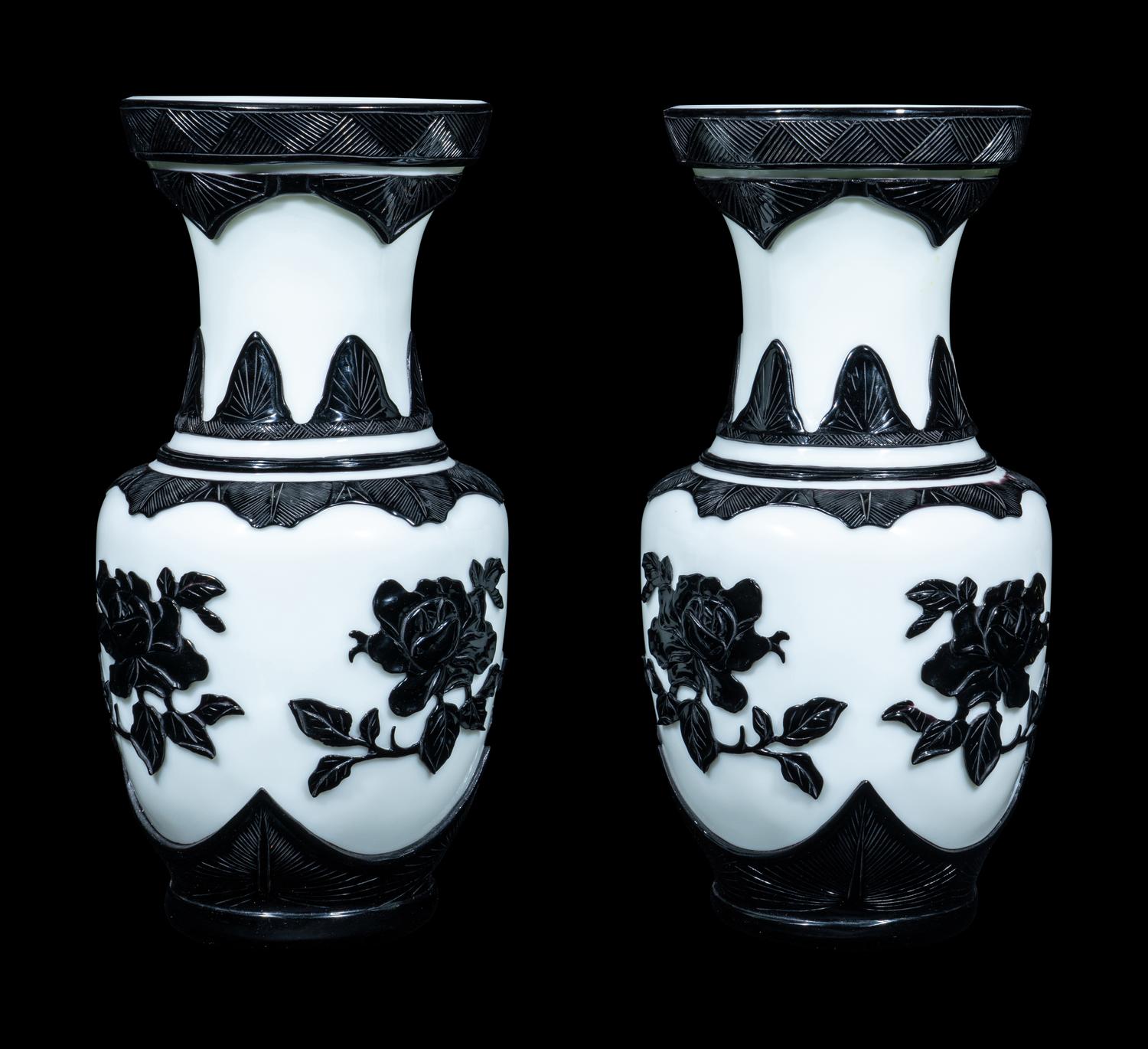 A Pair of Chinese Black Overlay White Ground Peking Glass Vases