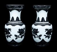 A Pair of Chinese Black Overlay White Ground Peking Glass Vases