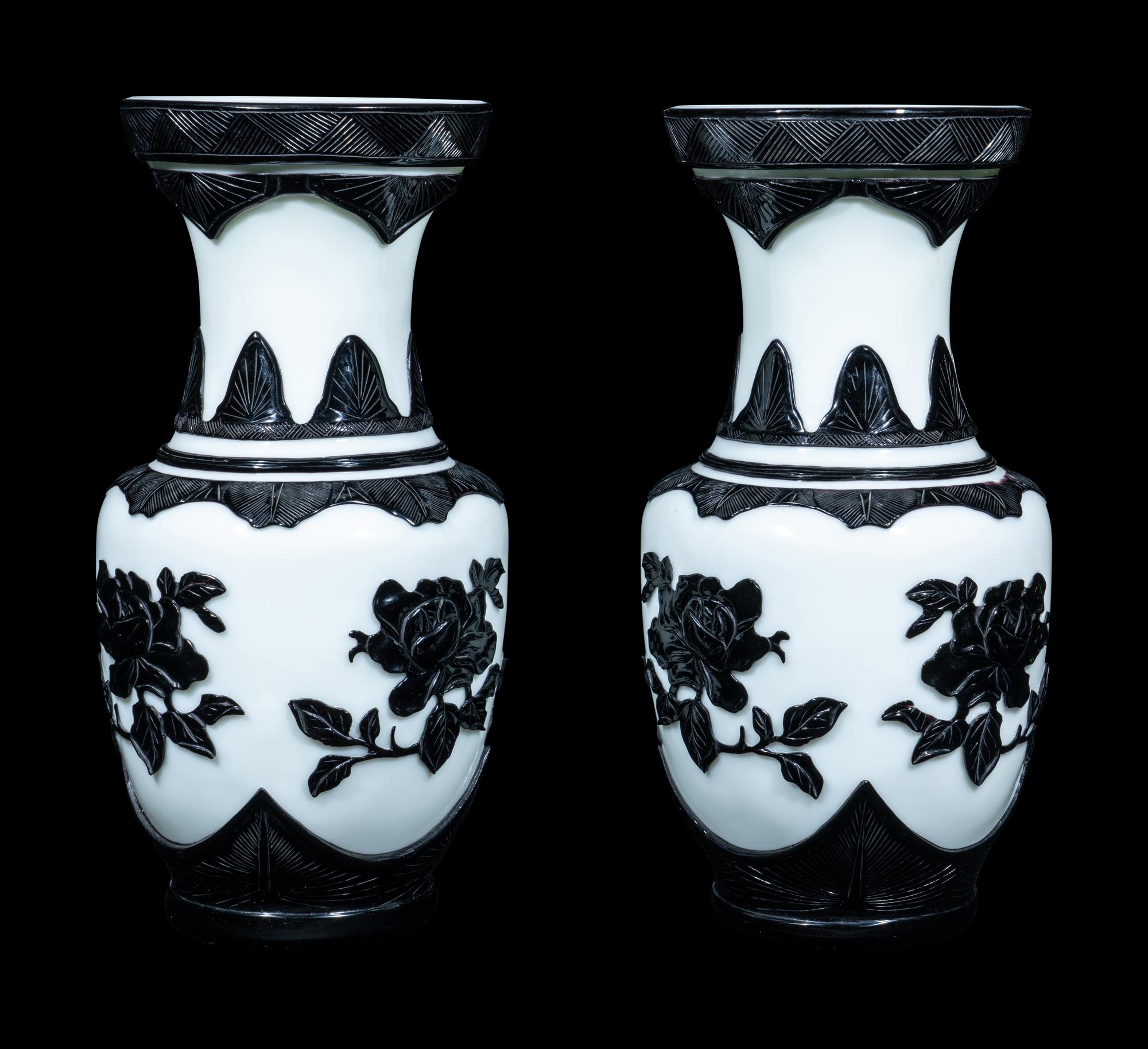 A Pair of Chinese Black Overlay White Ground Peking Glass Vases