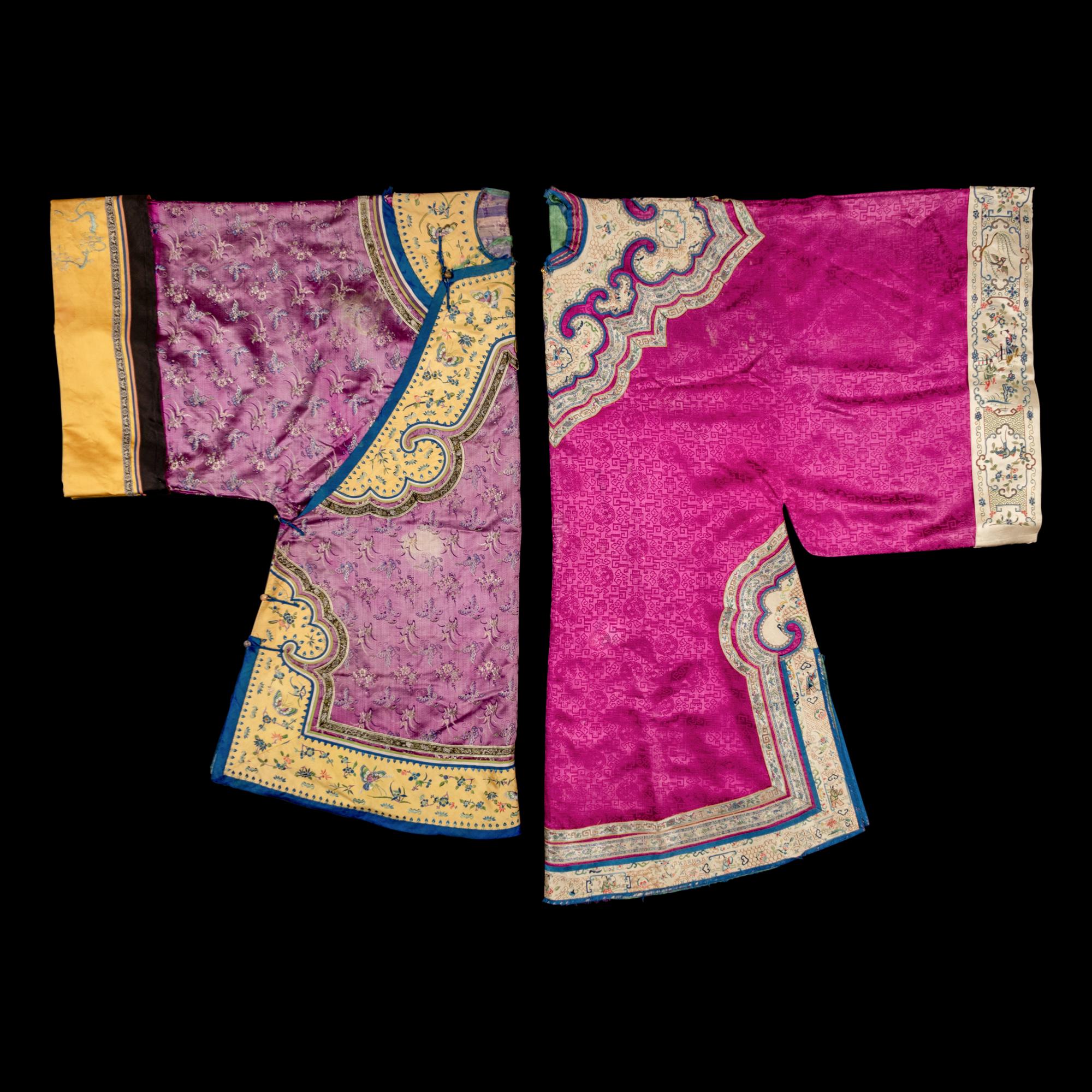Two Chinese Embroidered Silk Lady's Informal Robes, Late Qing/Republic Period 晚清/民國 綉花女襖兩件