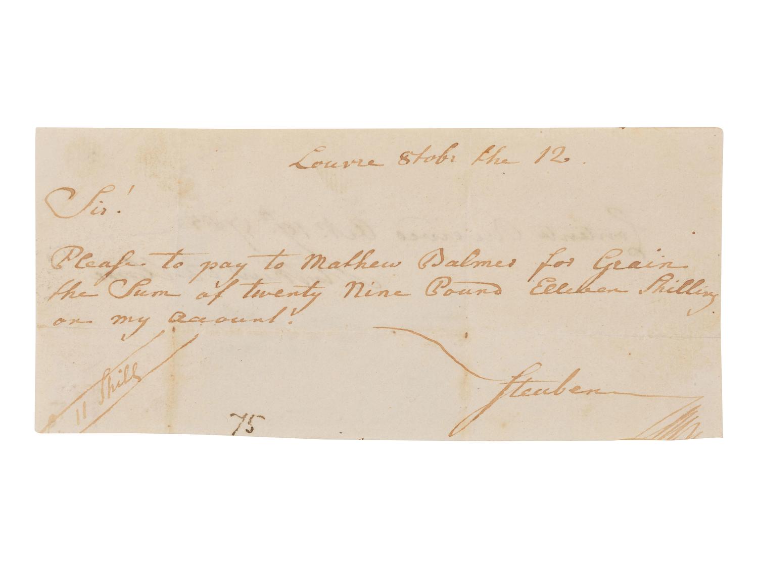 VON STEUBEN, Baron Friedrich Wilhelm (1730-1794). Receipt signed ("Steuben"), ca 1785.