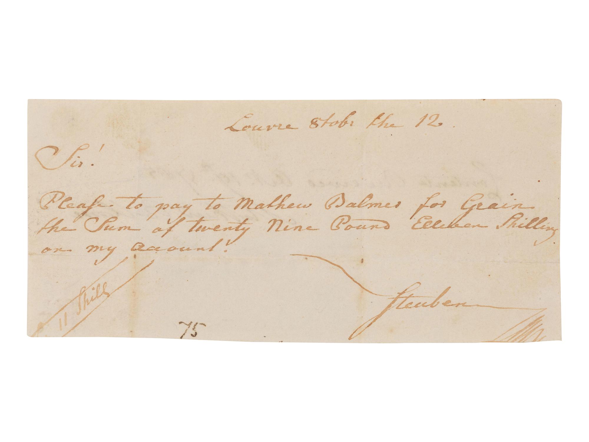 VON STEUBEN, Baron Friedrich Wilhelm (1730-1794). Receipt signed ("Steuben"), ca 1785.