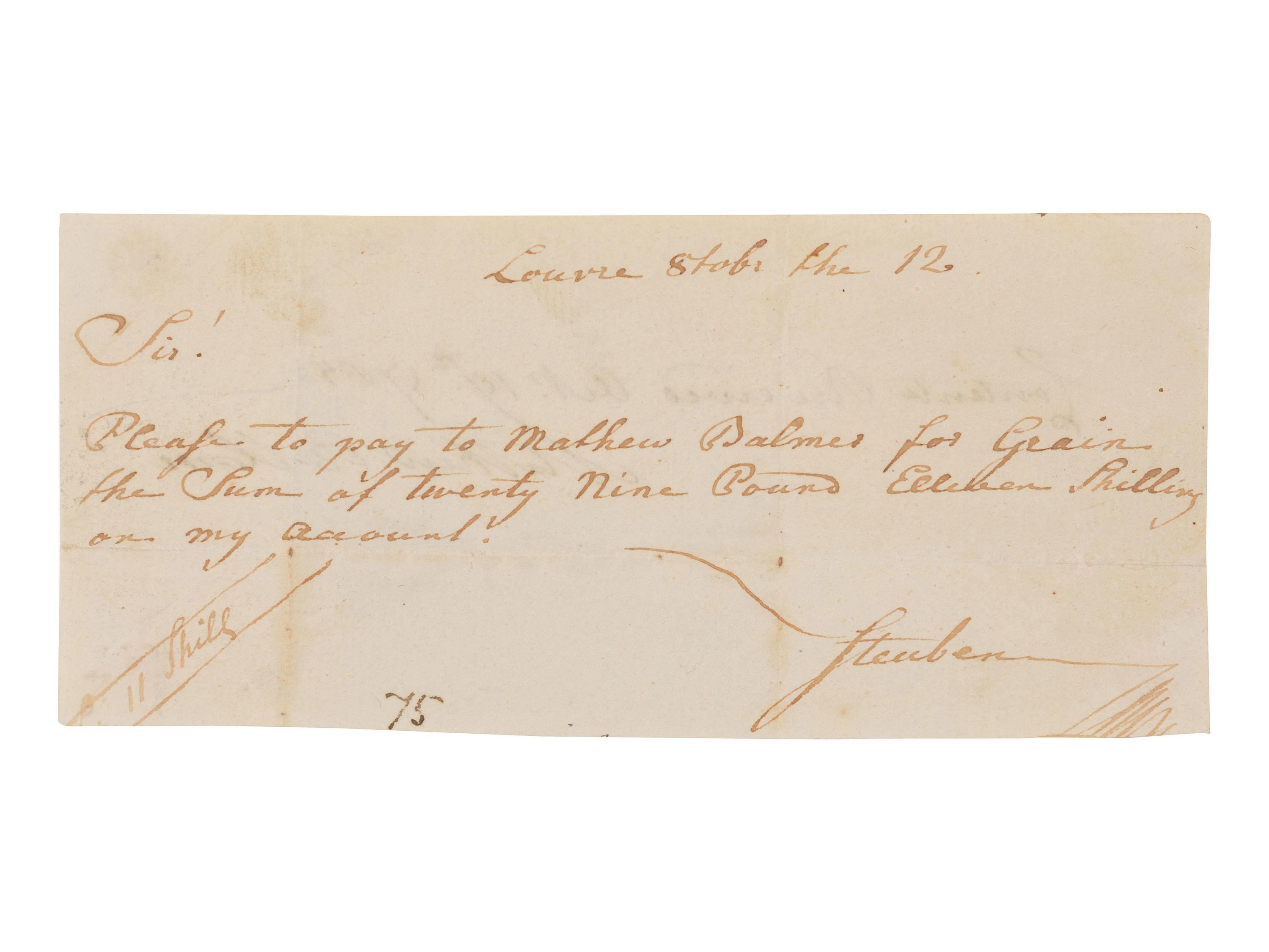 VON STEUBEN, Baron Friedrich Wilhelm (1730-1794). Receipt signed ("Steuben"), ca 1785.