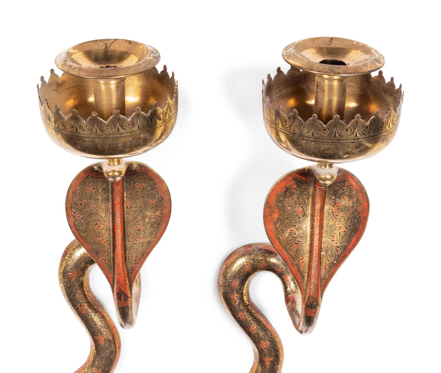 A Pair of Brass Cobra Single-Light Sconces and a Bronze Single-Light Cobra Sconce