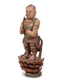 A Chinese Carved Wood Standing Figure with Polychrome Decoration