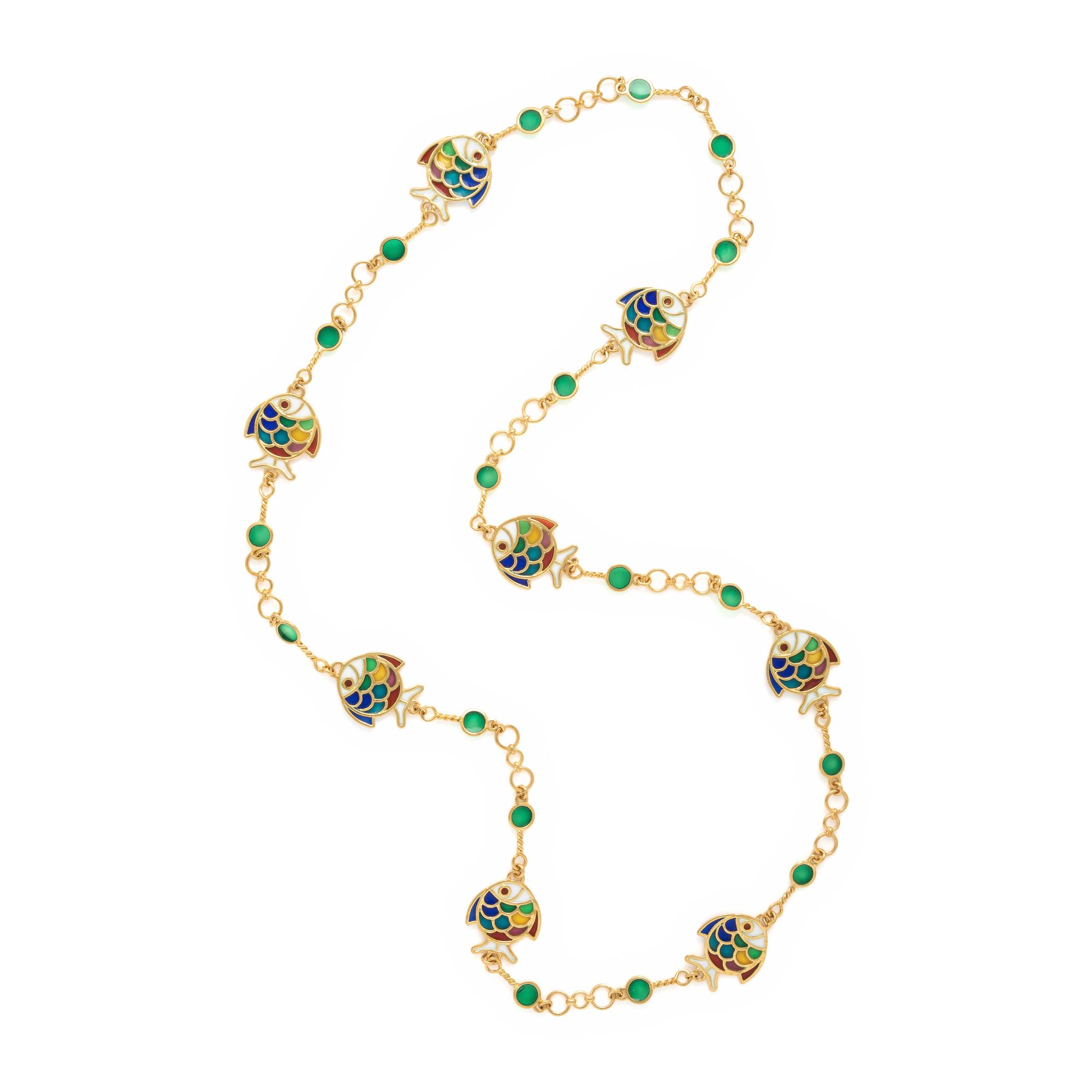 Plique-à-Jour Enamel and Yellow Gold Fish Motif Necklace
