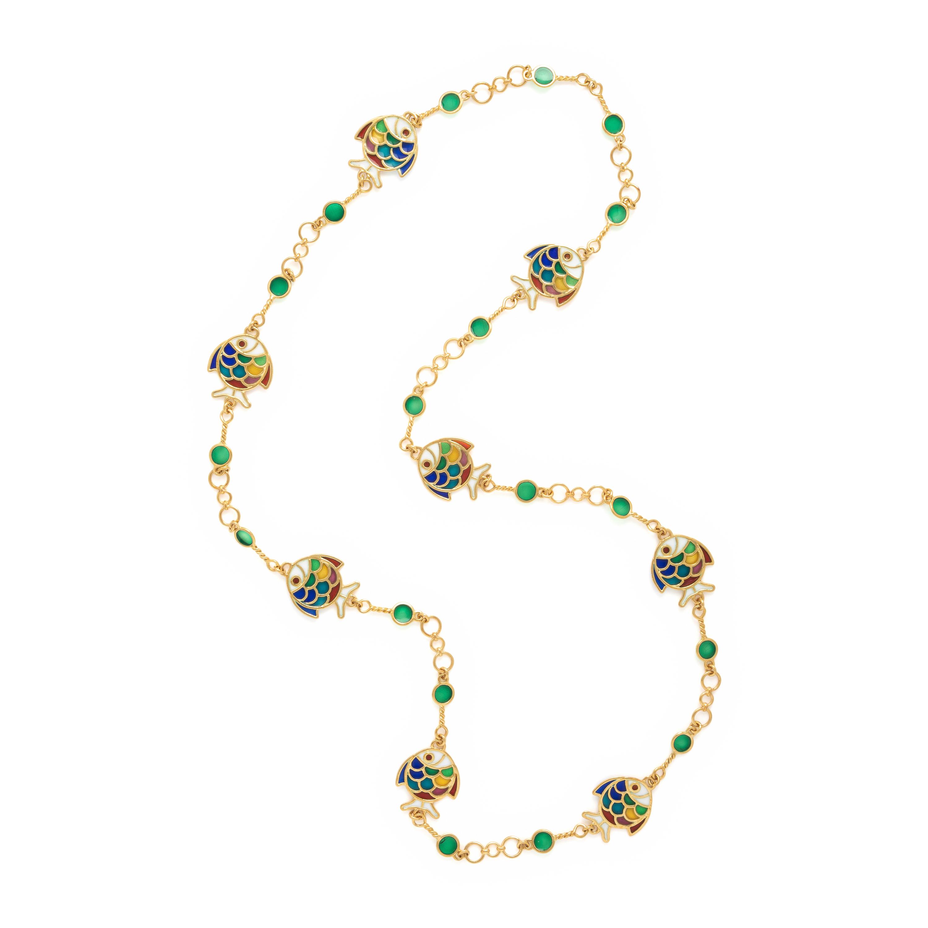 Plique-à-Jour Enamel and Yellow Gold Fish Motif Necklace