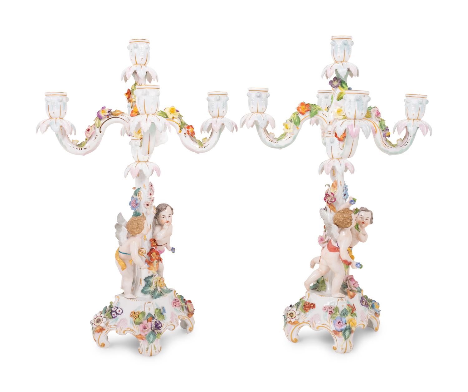 A Pair of Dresden Porcelain Candelabra