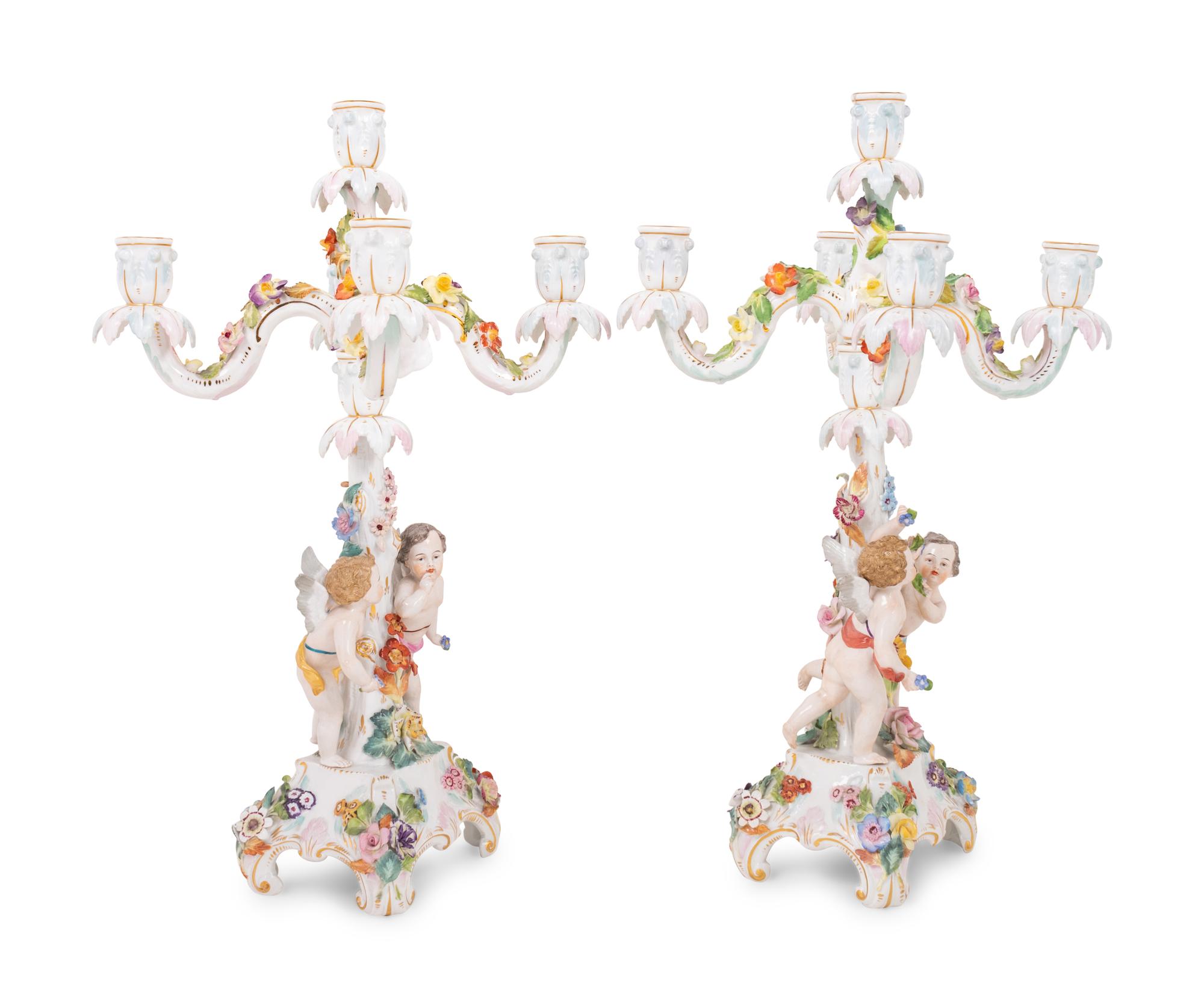 A Pair of Dresden Porcelain Candelabra