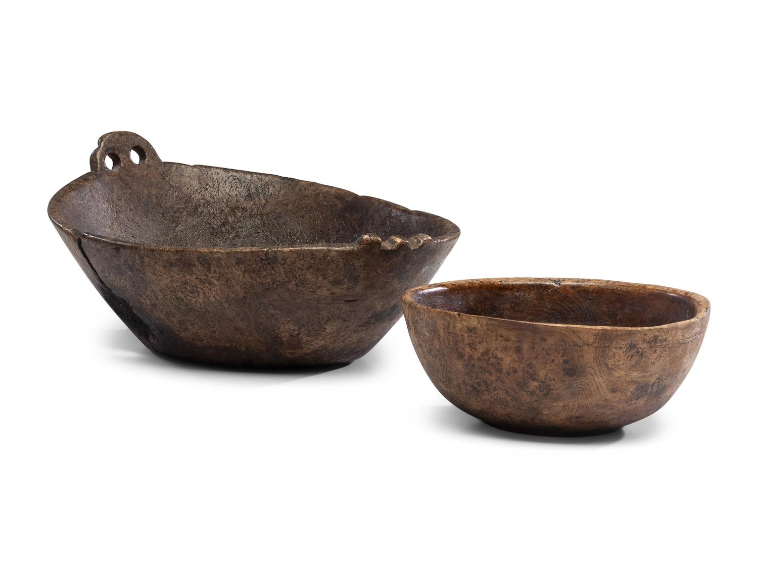 A Carved Wood Handled Burlwood Bowl