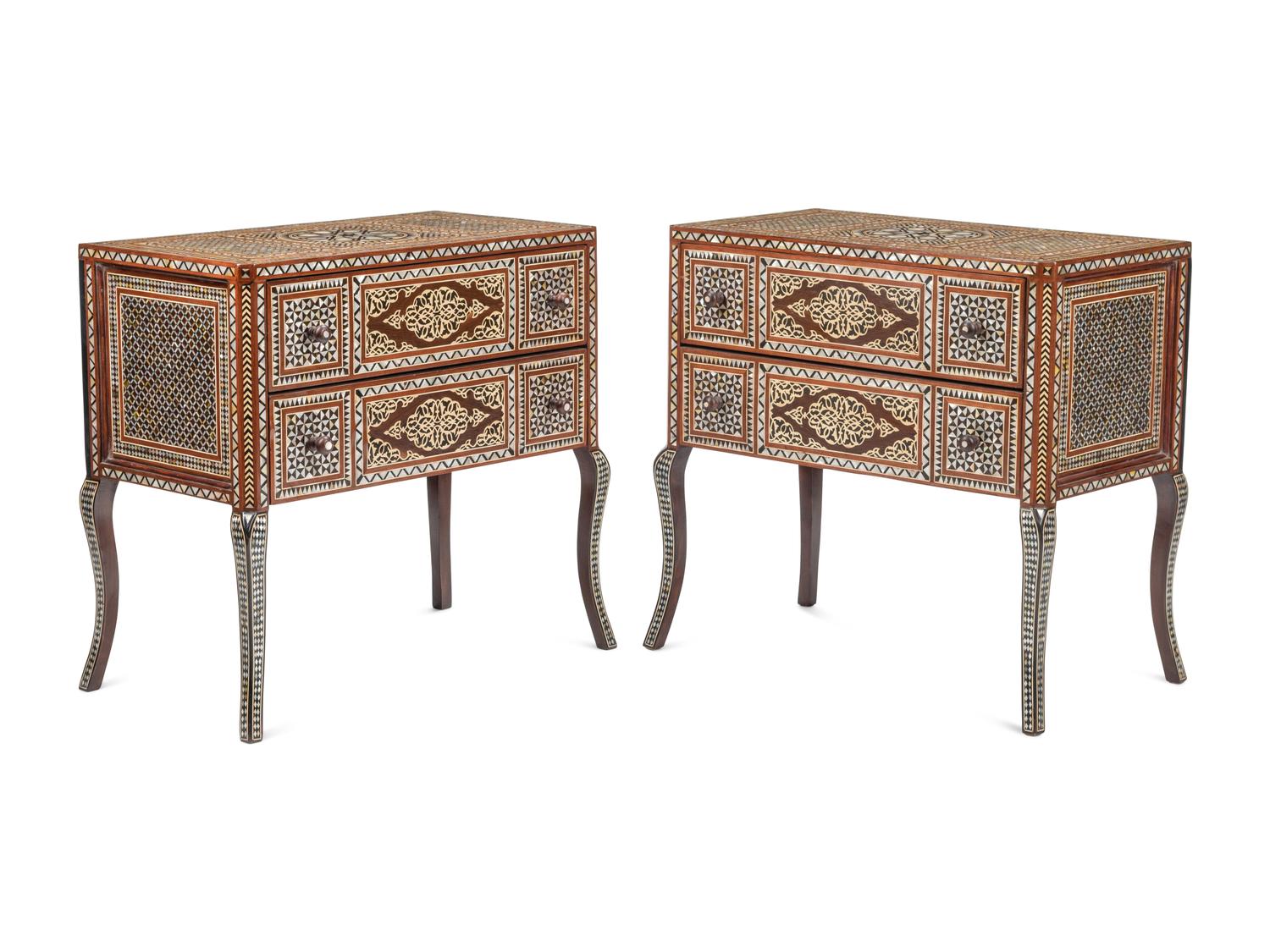 A Pair of Levantine Marquetry and Mother-of-Pearl Inlaid Two-Drawer Chests