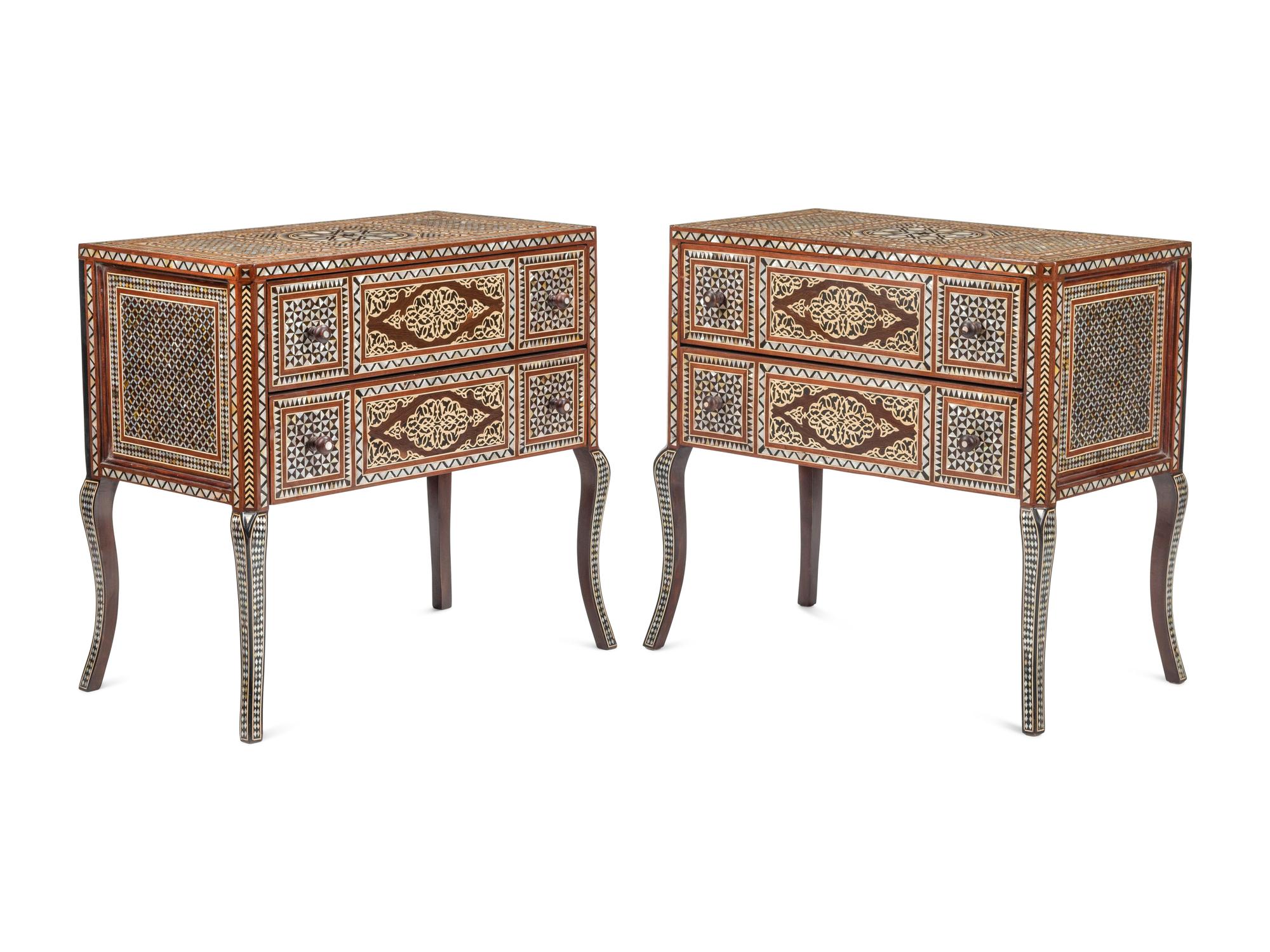A Pair of Levantine Marquetry and Mother-of-Pearl Inlaid Two-Drawer Chests