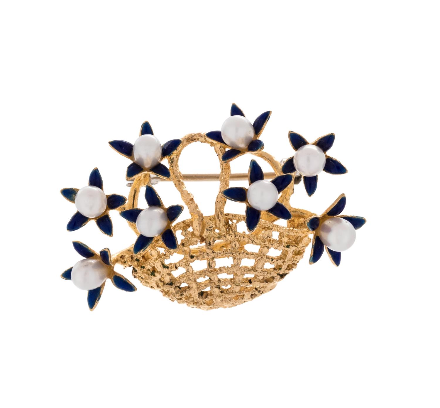 CULTURED PEARL AND ENAMEL FLOWER BASKET BROOCH
