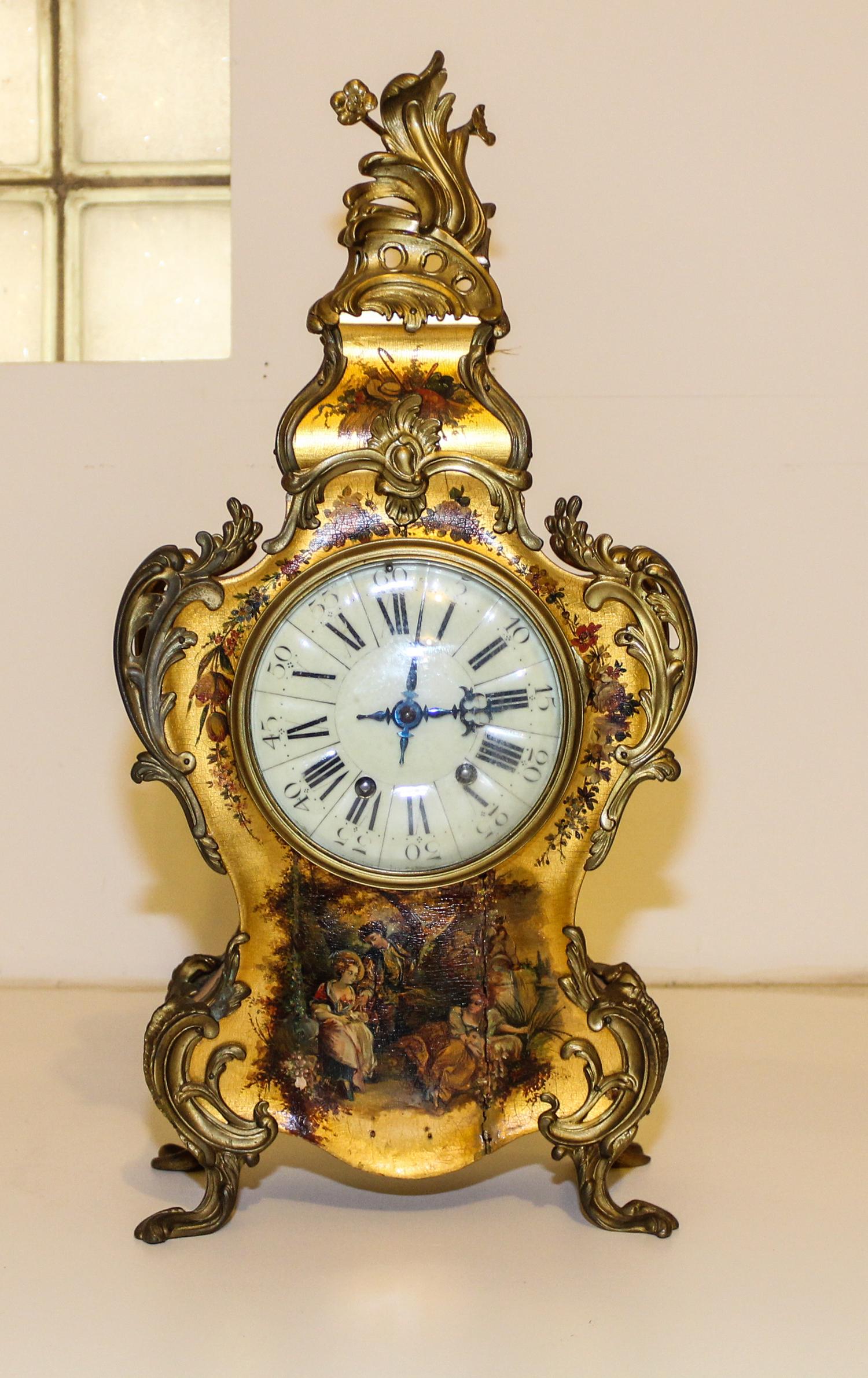 A Vernis Martin Mantel Clock. Height 12 1/4 inches.