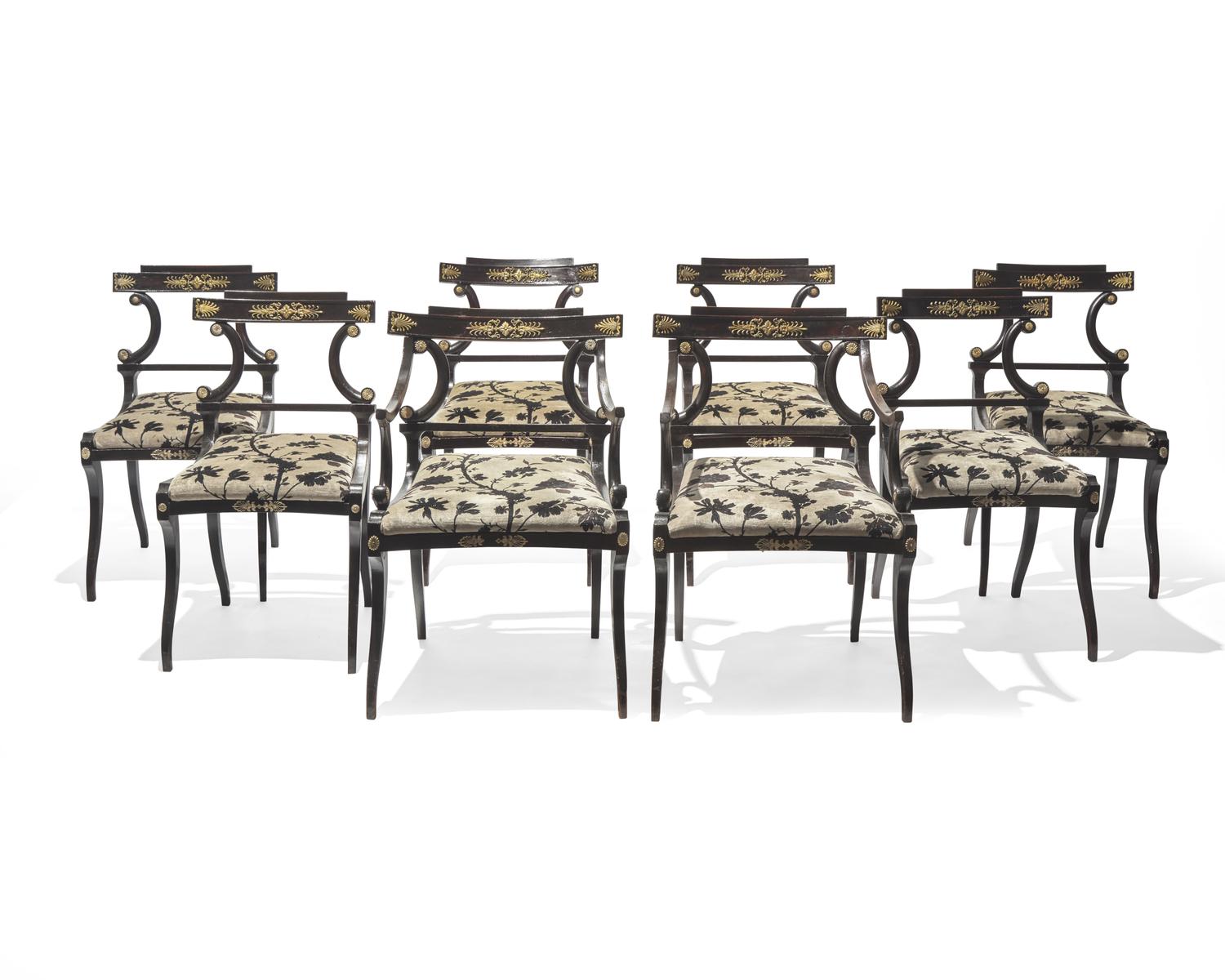 A set of eight Neoclassical gilt-bronze mounted ebonized dining chairs, possibly Baltic Region, circa 1820